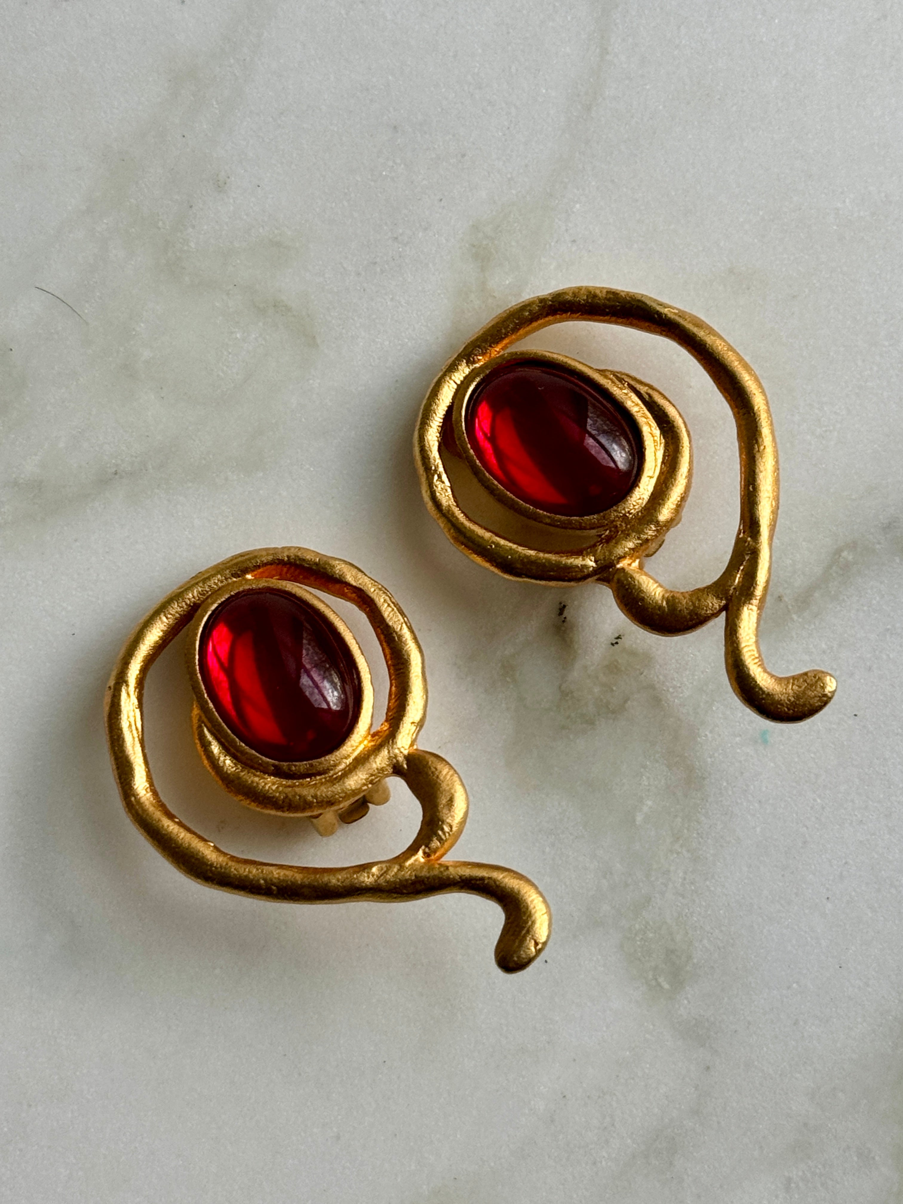 Designer Dauplaise Red Gold Swirl Earrings