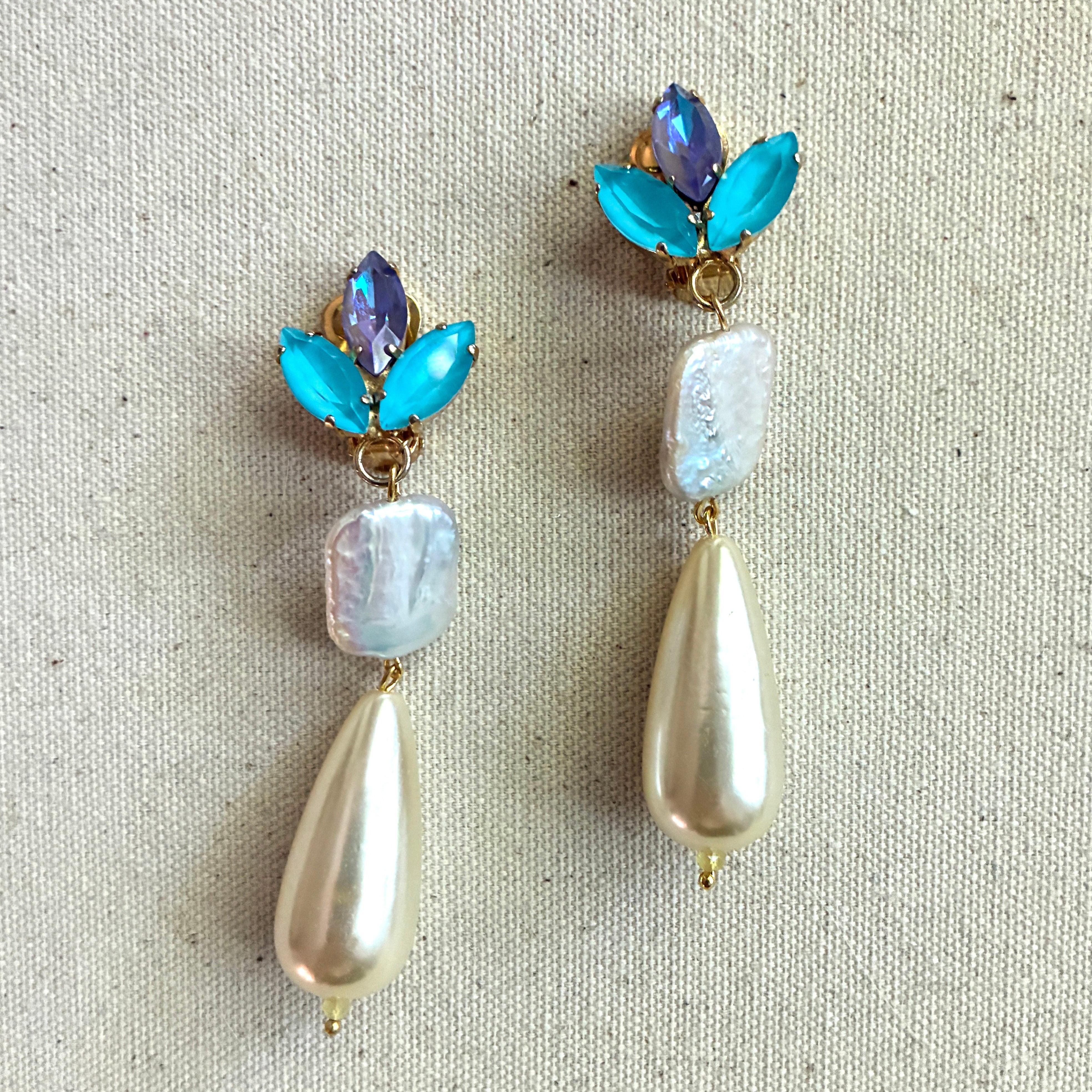 Aurora Blue Crystal and Pearl Drop Earrings