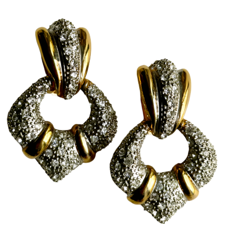 80s Silver & Gold Crystal Pave Door Knocker Earrings