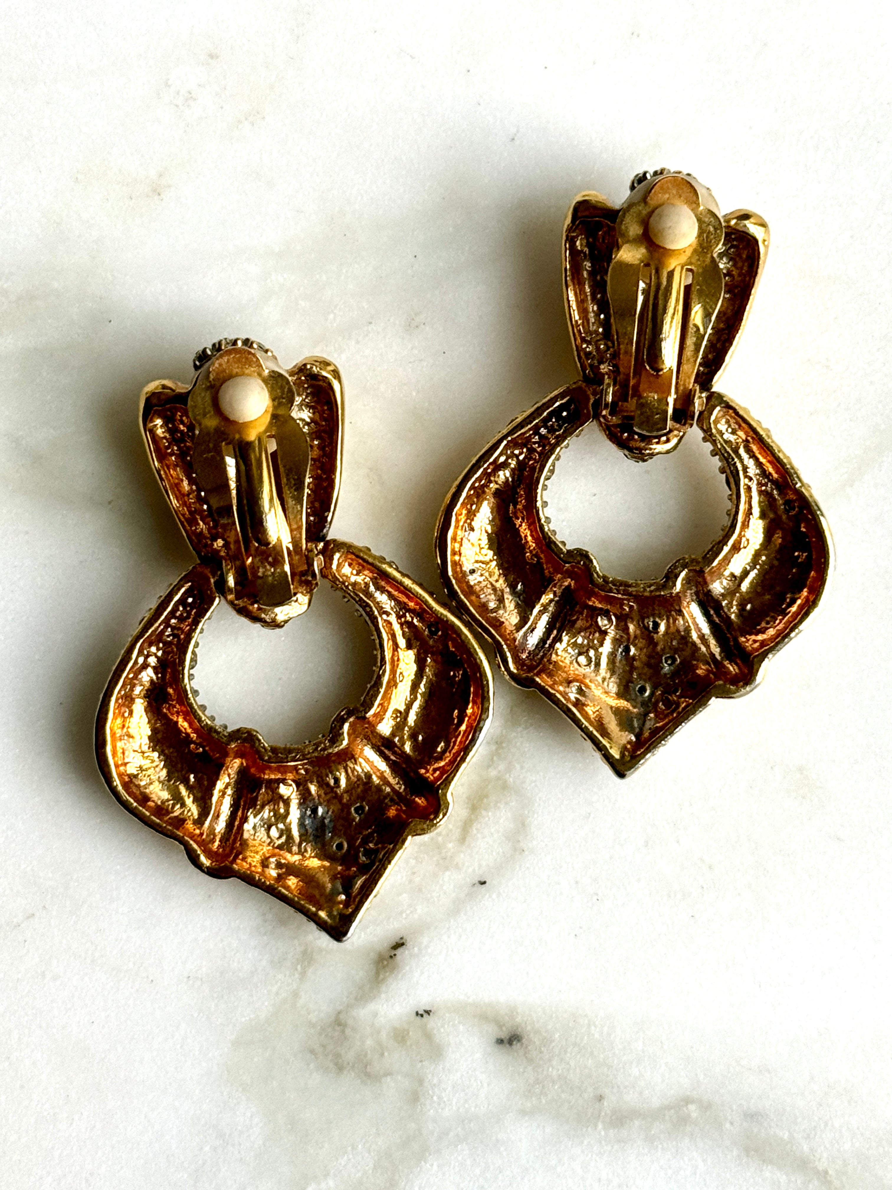 80s Silver & Gold Crystal Pave Door Knocker Earrings