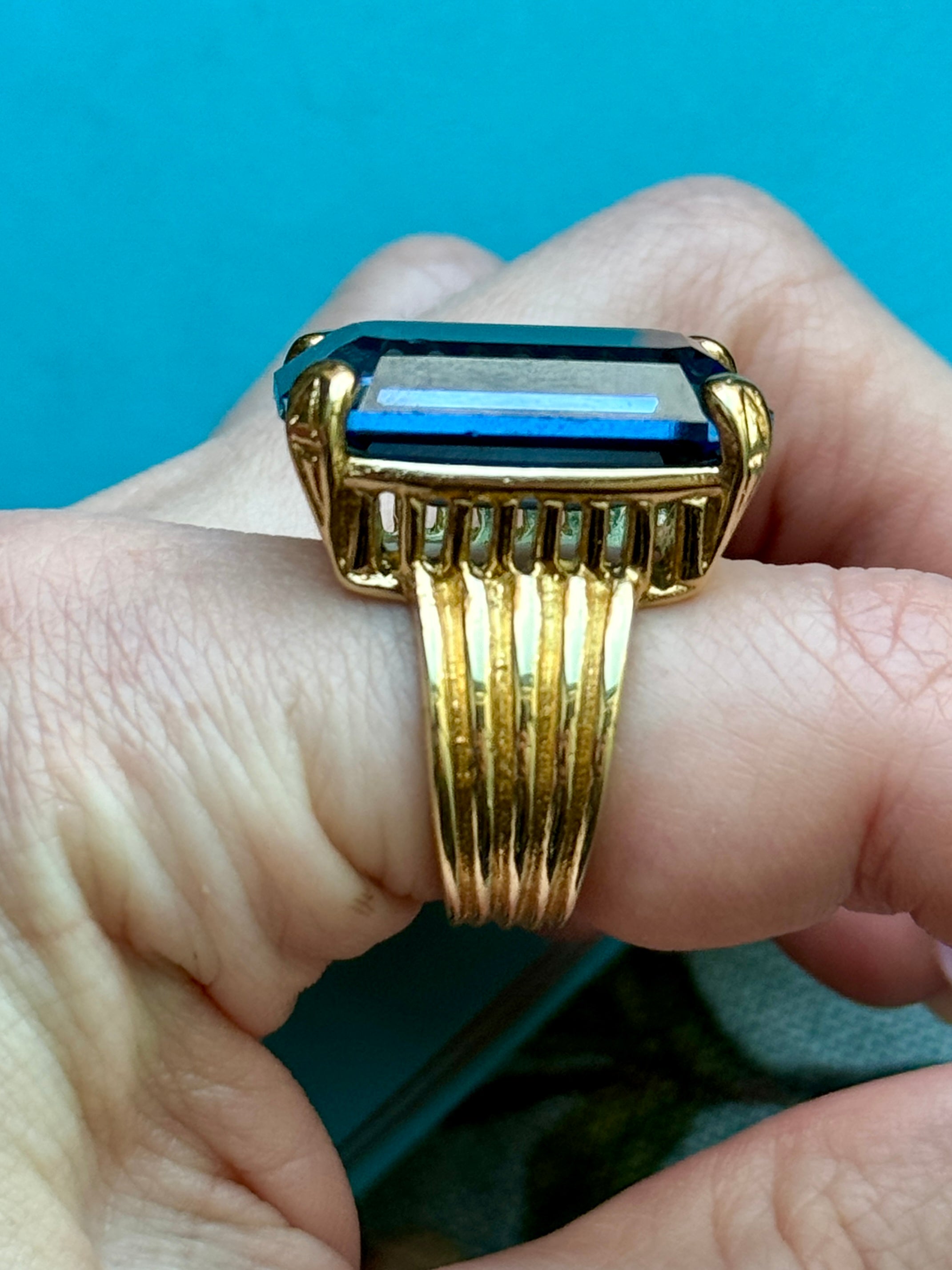 Huge Vintage Dark Blue Crystal Cocktail Ring Size 6.75