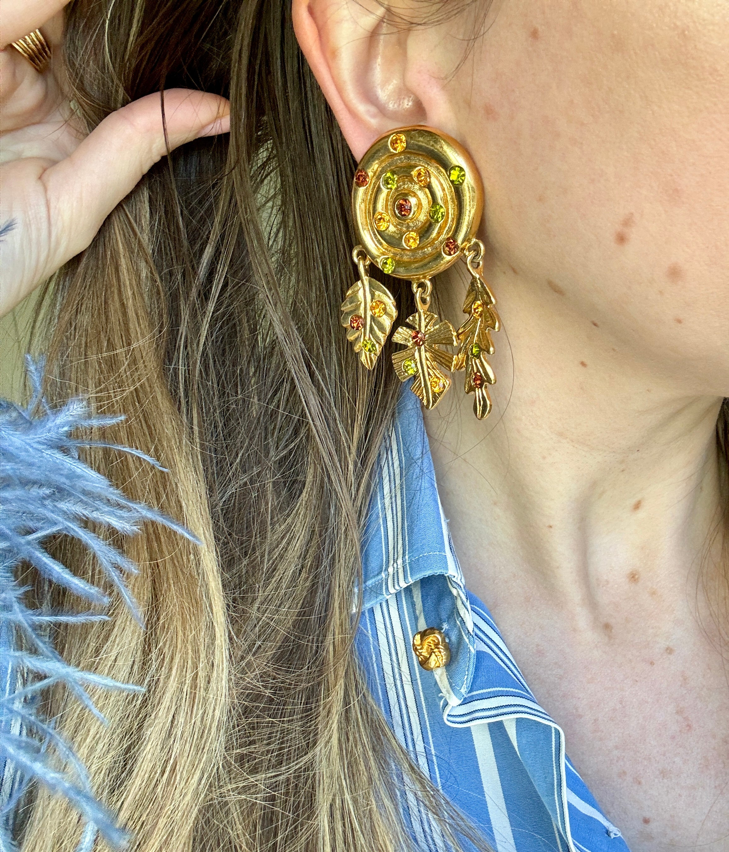 90s Gold Leaf Statement Clip On Earrings