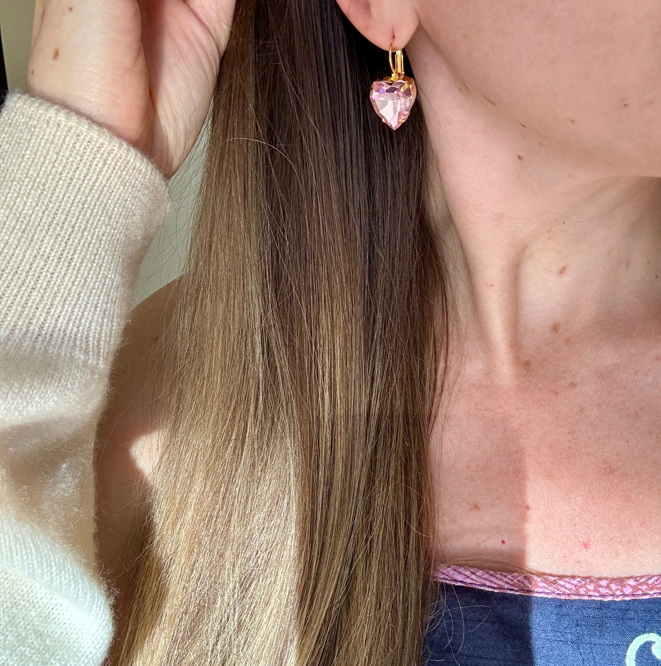 Small Pink Crystal Heart Post Back Earrings