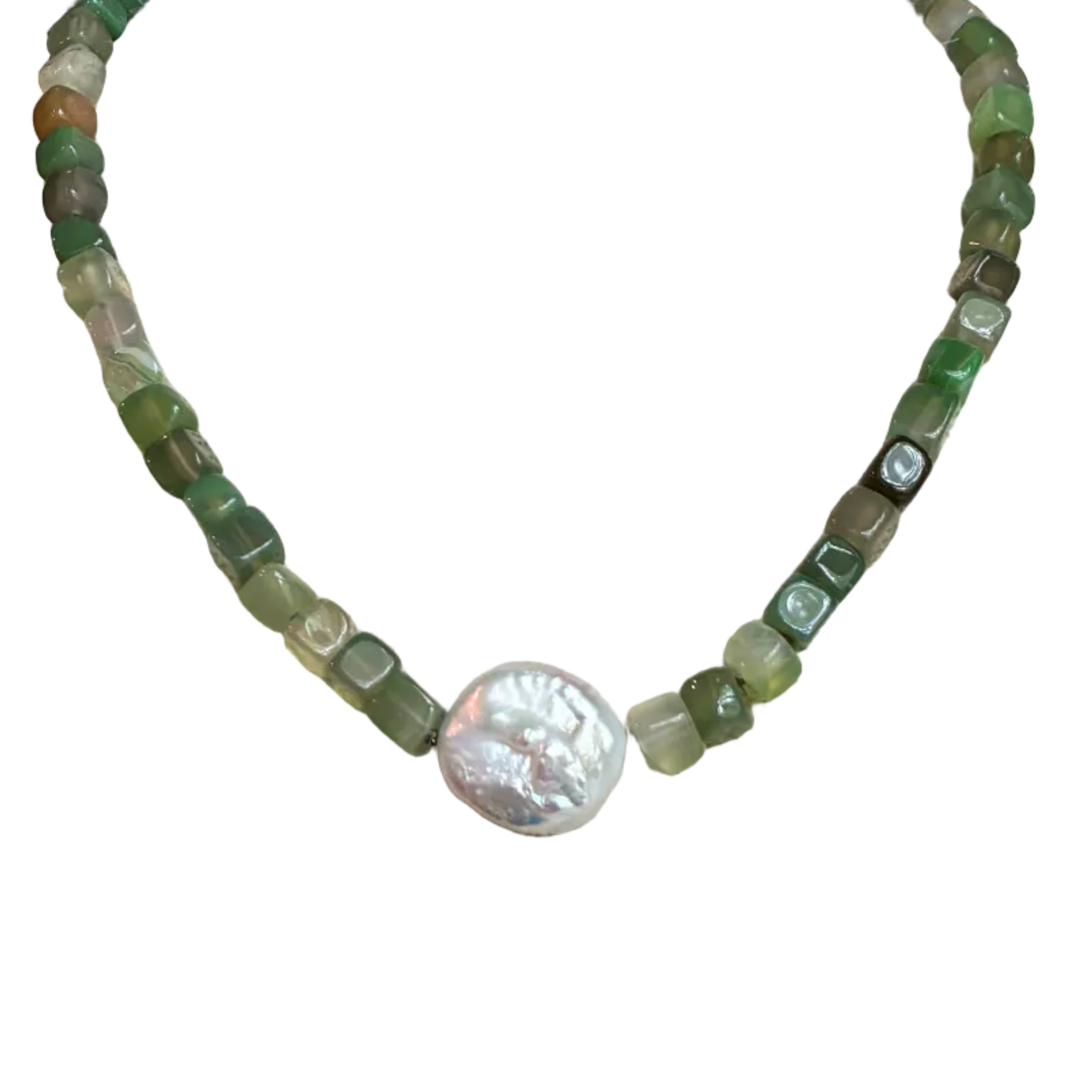 Green Aventurine Stone and Baroque Pearl Necklace