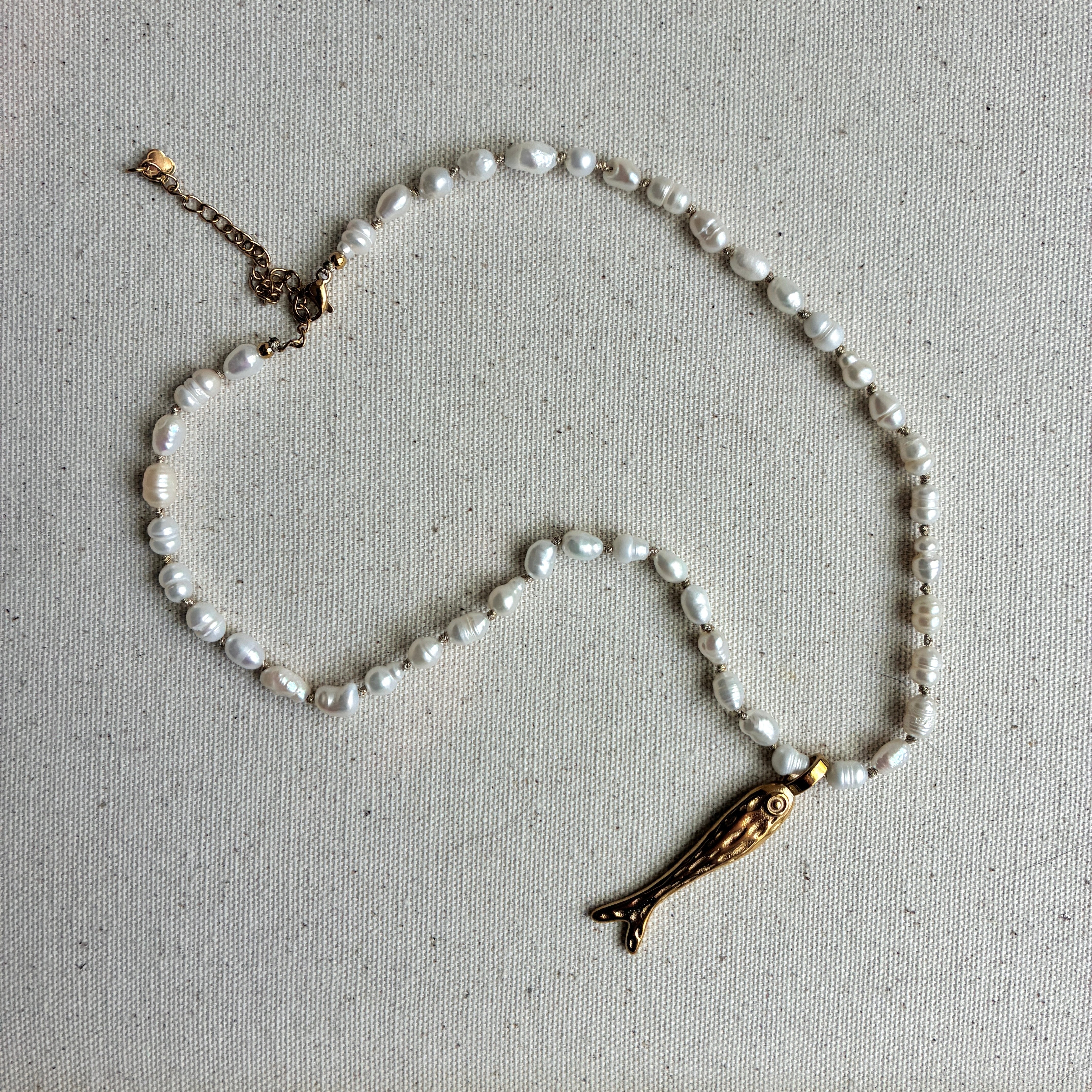 Seed Pearl and Gold Fish Sardine Pendant Necklace
