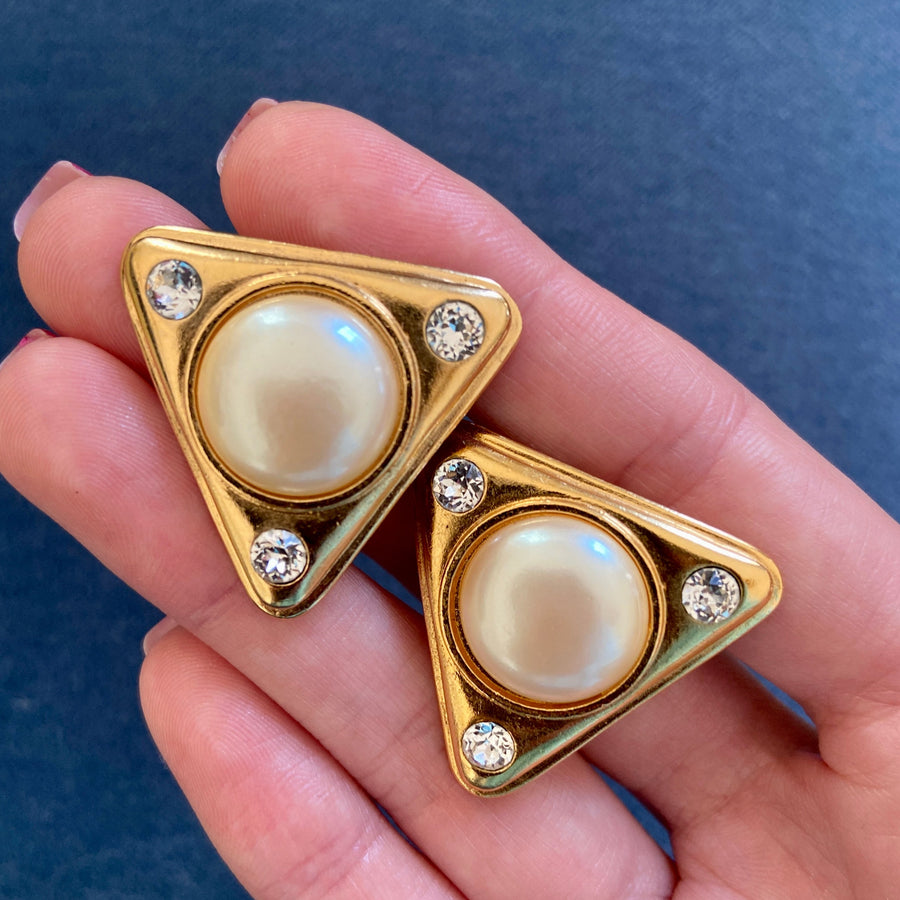  Designer YSL Yves Saint Laurent Pearl and Gold Triangle Earrings