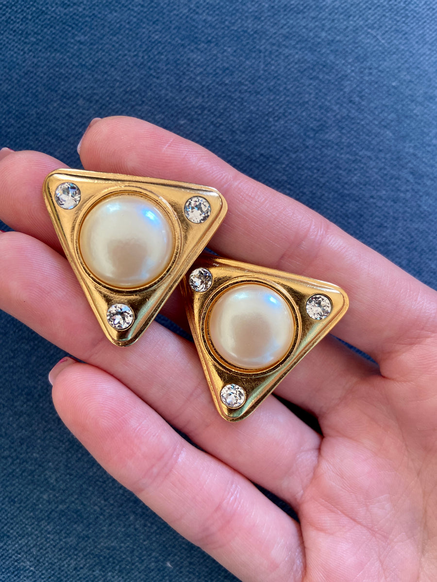 90s Designer YSL Yves Saint Laurent Pearl and Gold Triangle Earrings
