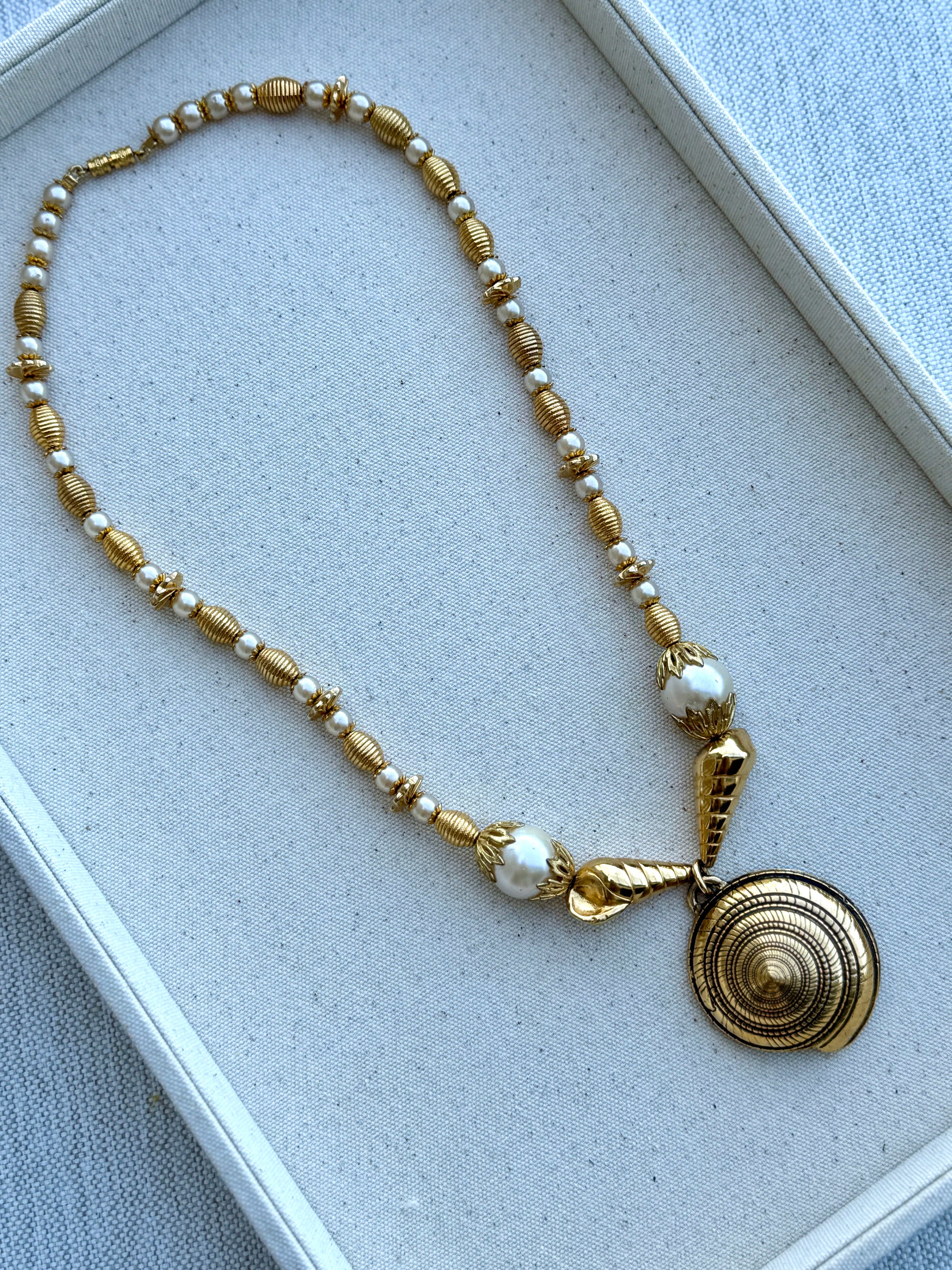 Vintage Gold Shell & Pearl Pendant Necklace