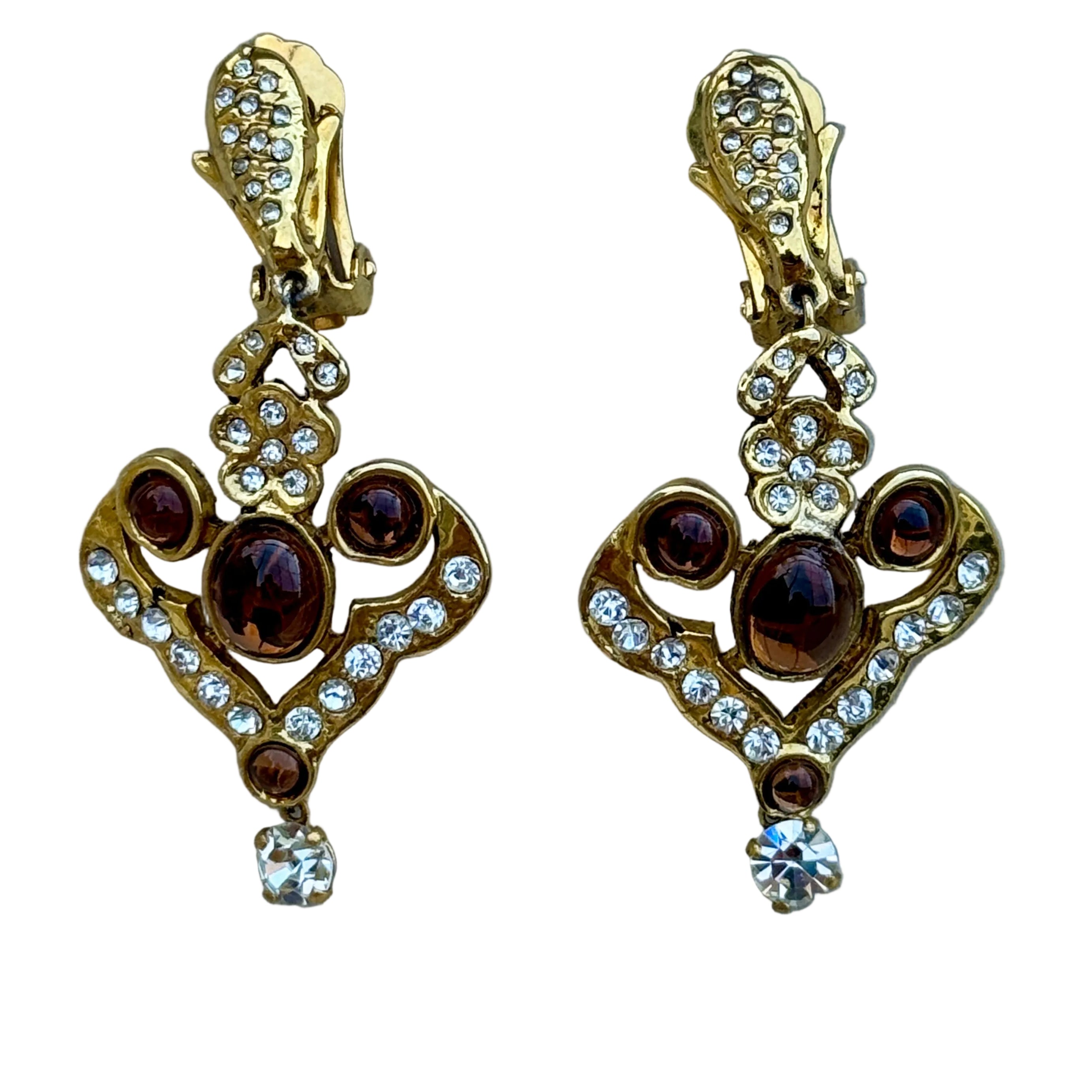 Vintage 80s French Brown Glass Crystal Flower Gilt Earrings