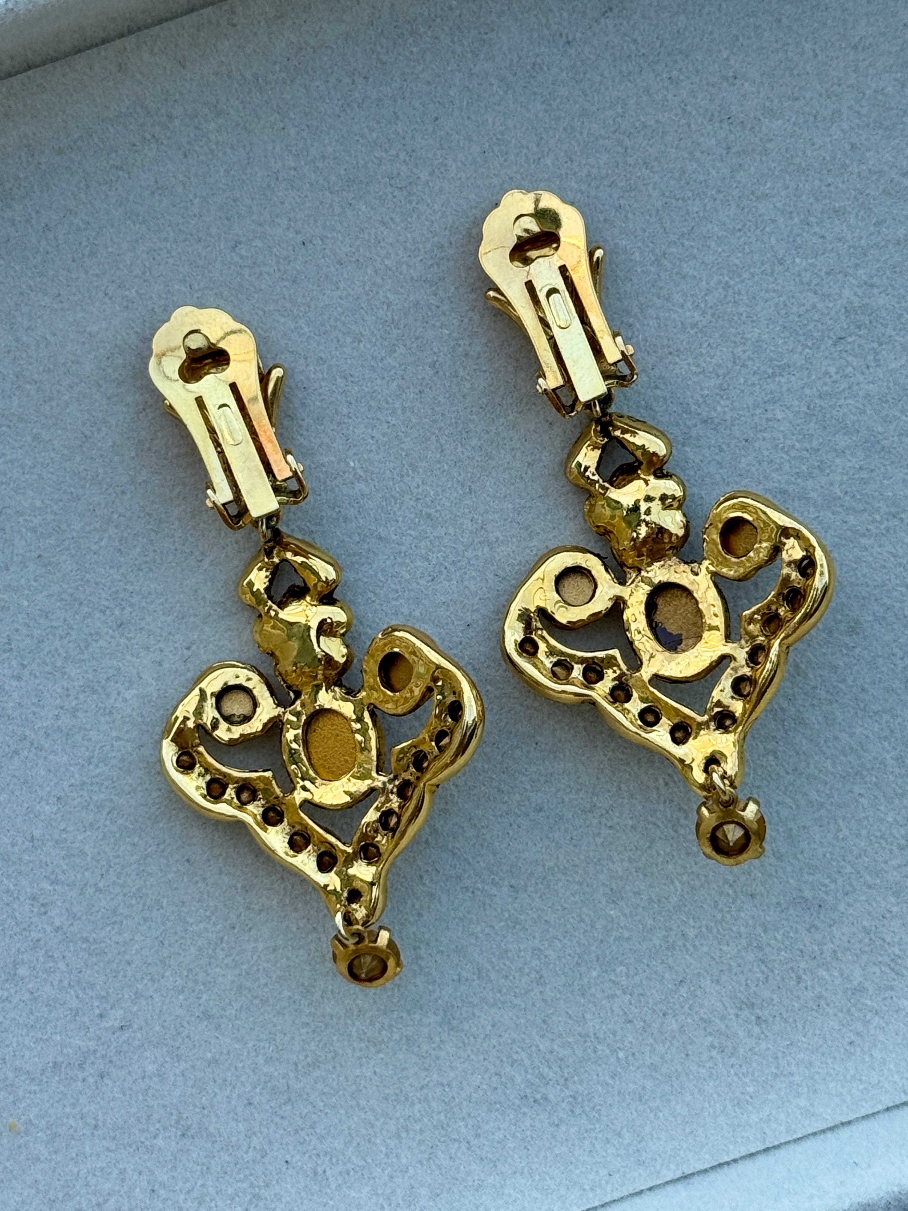 Vintage 80s French Brown Glass Crystal Flower Gilt Earrings
