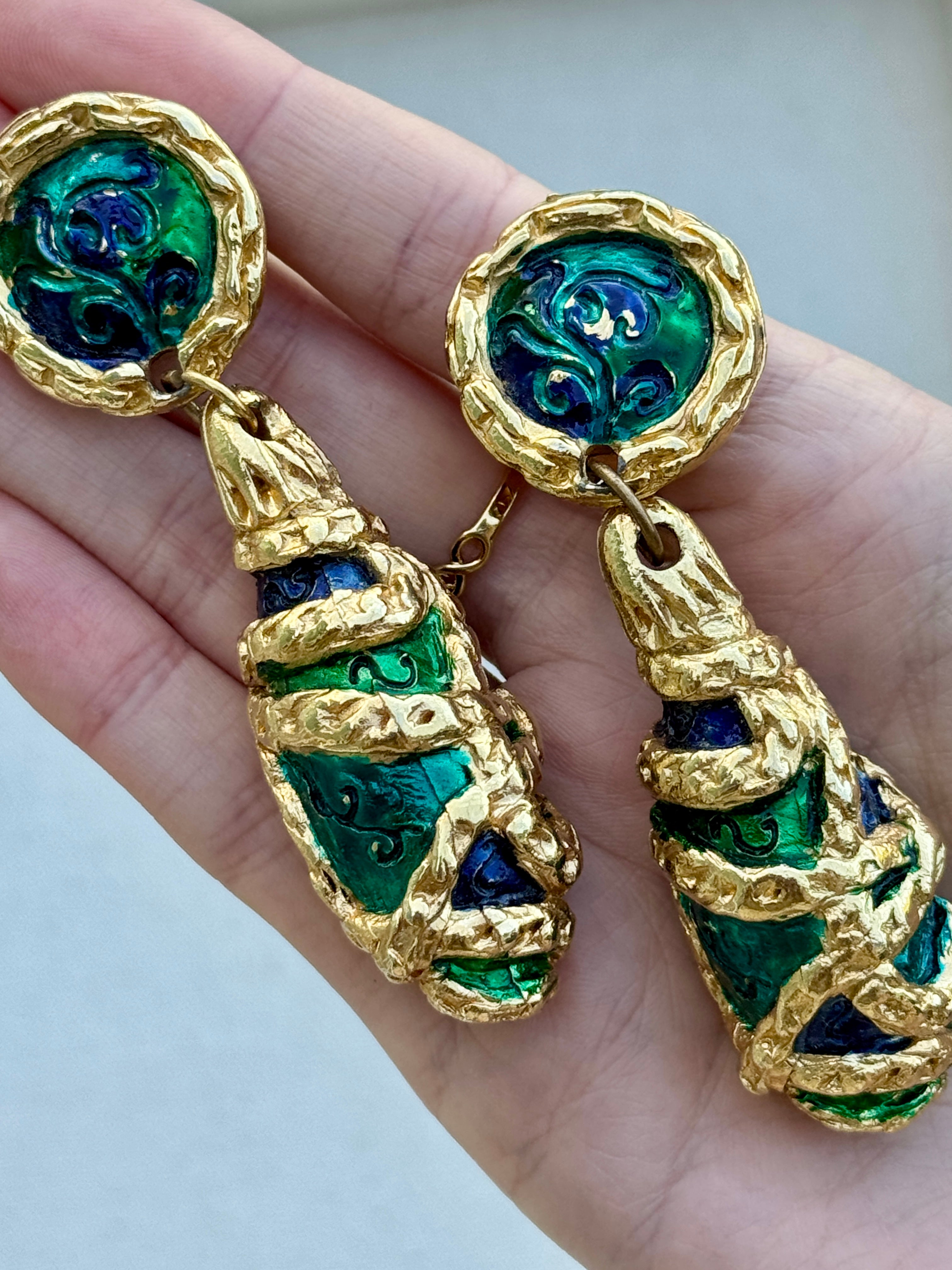 Vintage 80s HUGE French Gilt Blue Painted Resin Earrings