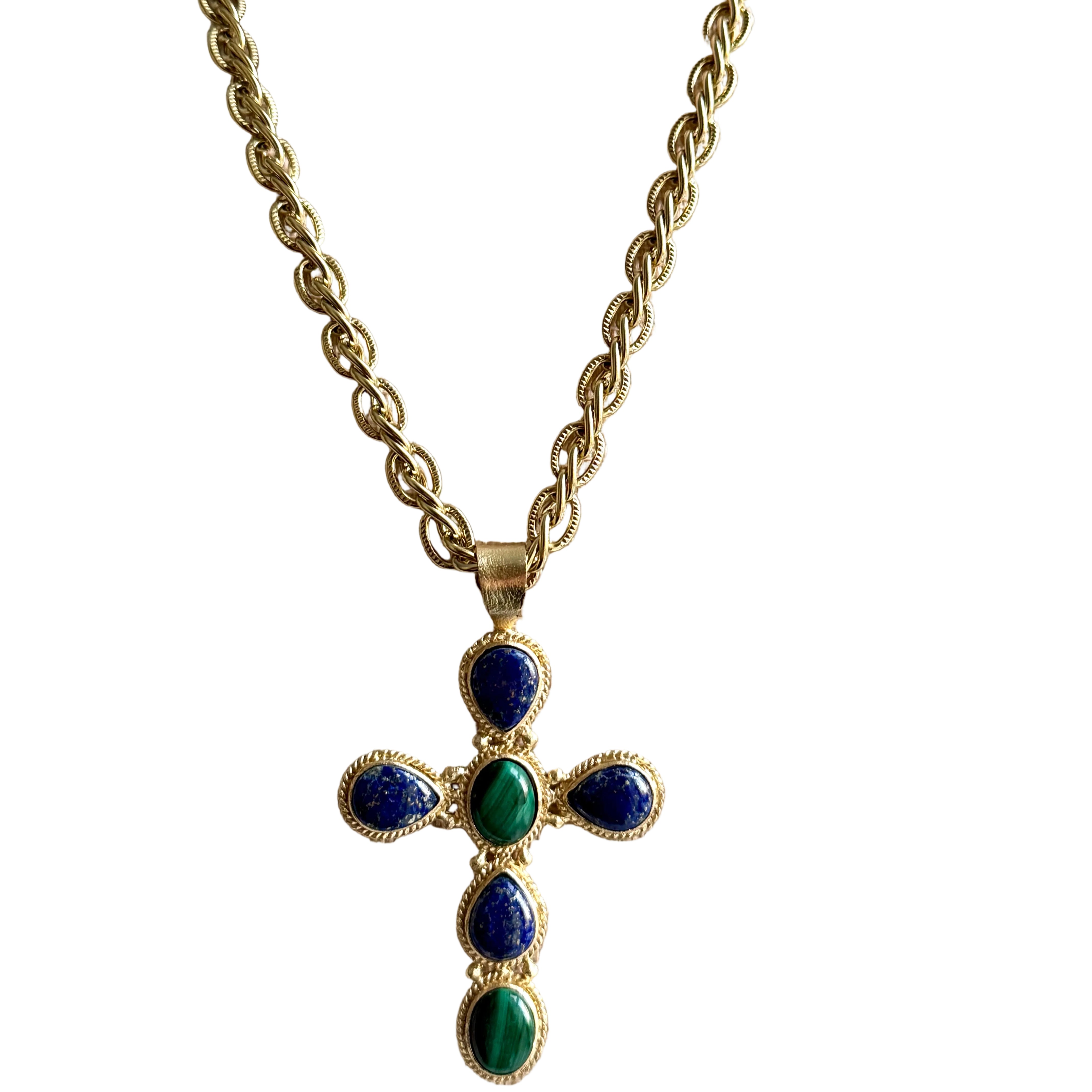 French Lapis and Malachite Cross Necklace