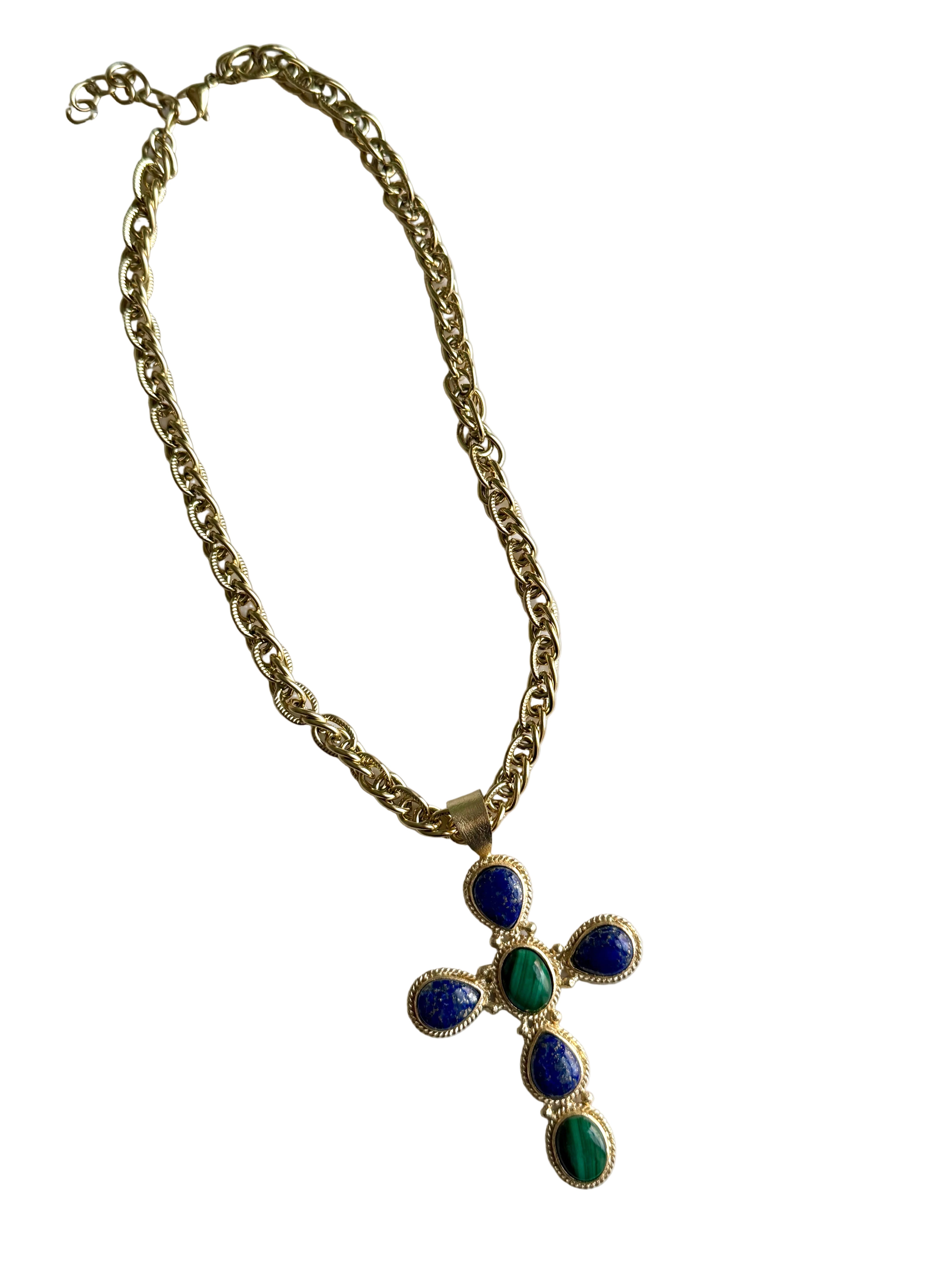 French Lapis and Malachite Cross Necklace