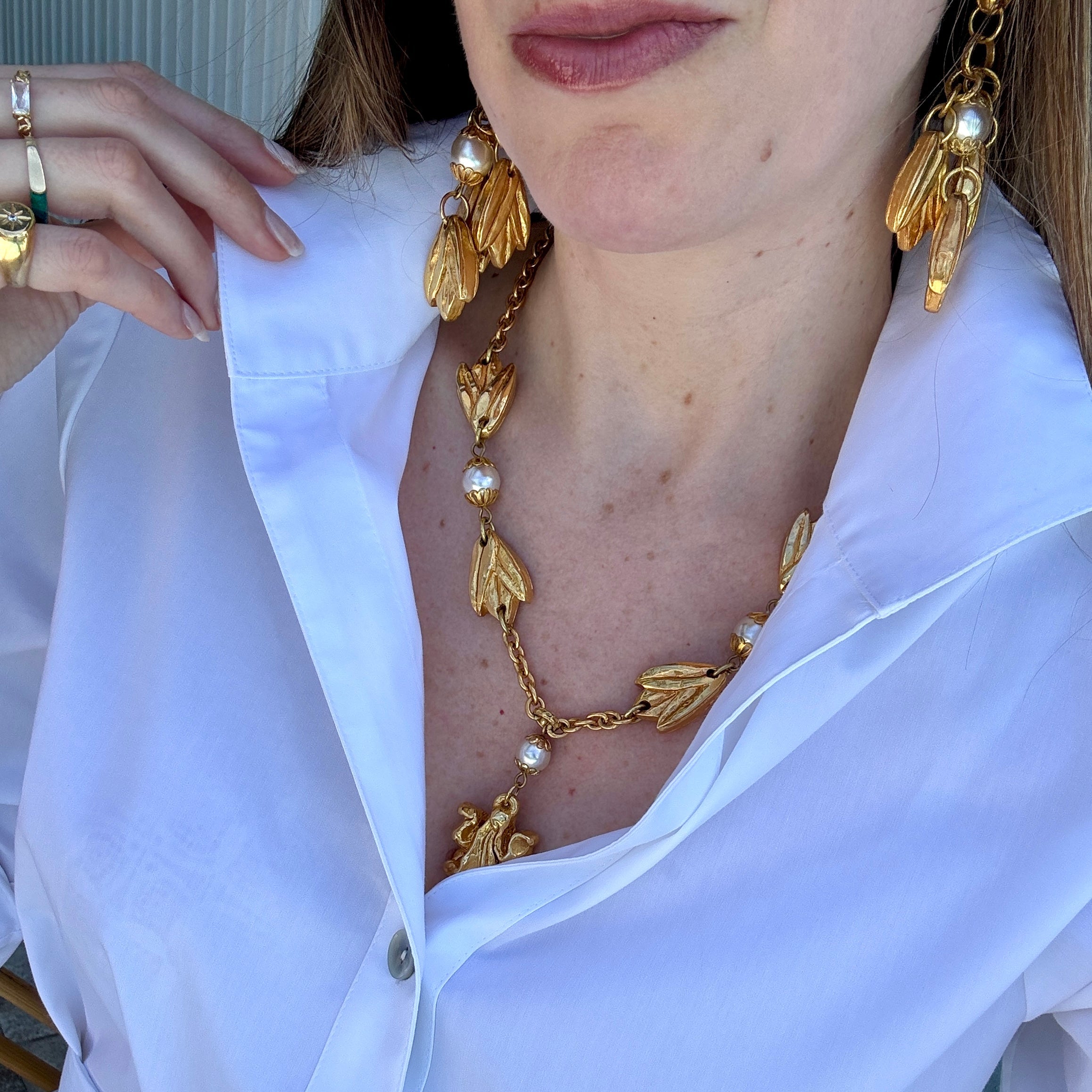 Vintage Designer Chantal De Kerouartz Gilt & Pearl Leaf Necklace