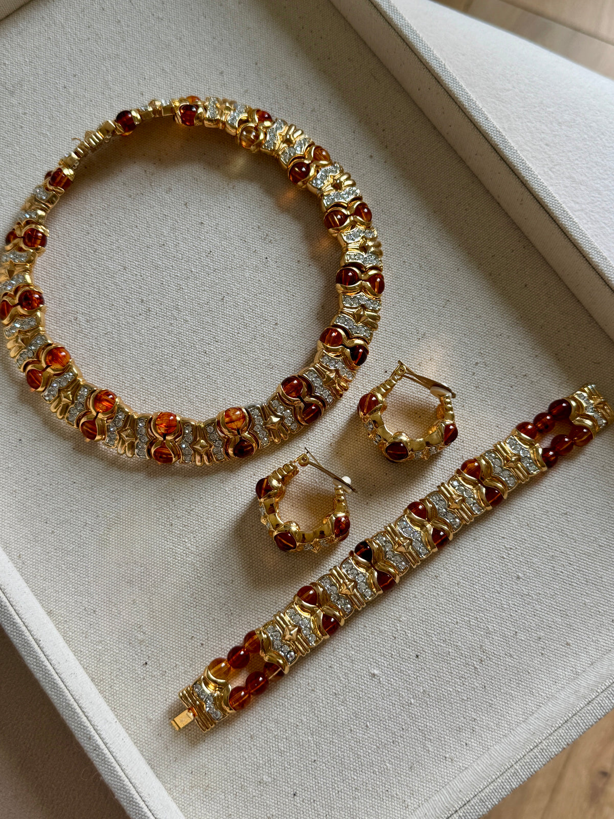 Exceptional Vintage 80s Mogul Amber Glass Necklace Set