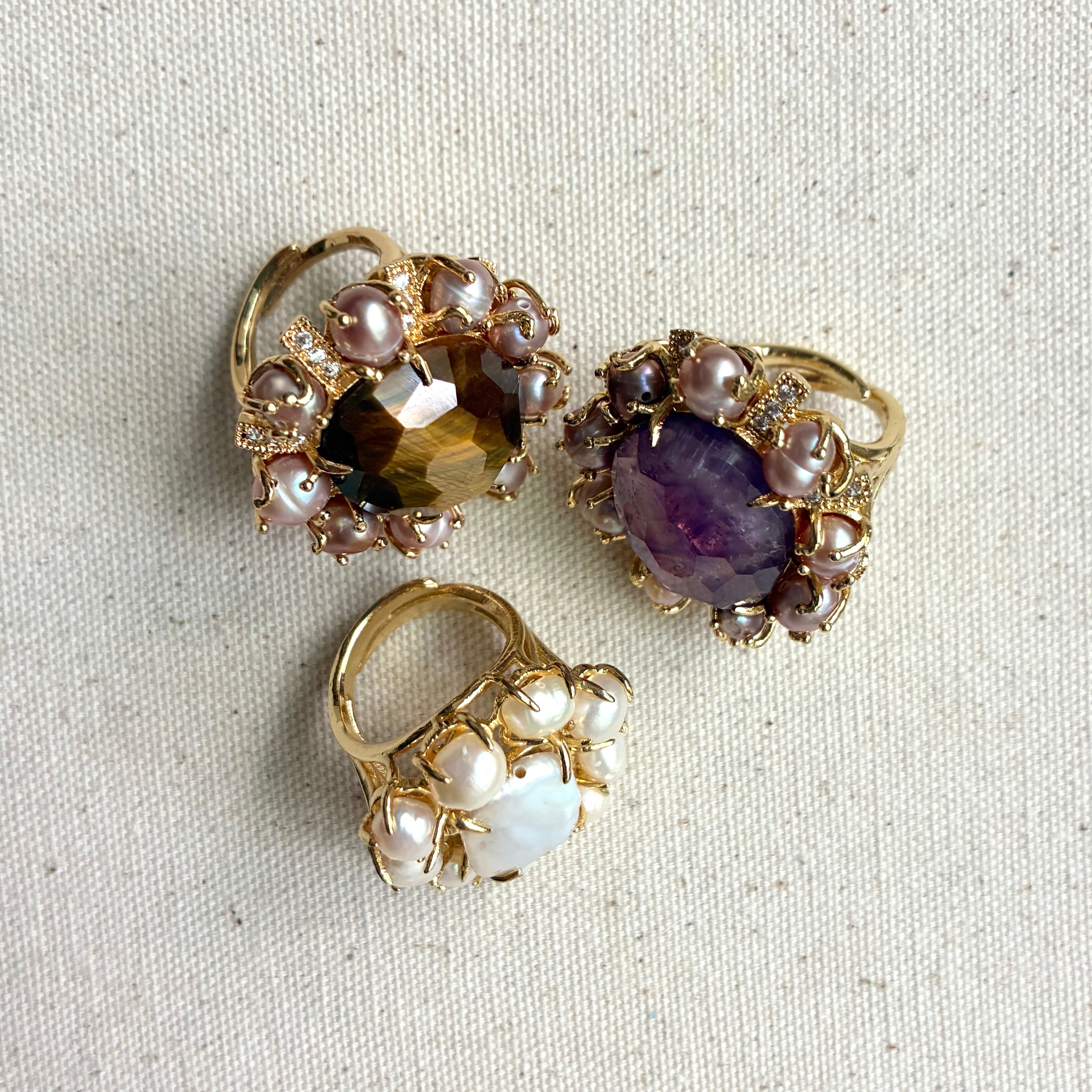 Adjustable French Pearl Amythest, Tigers Eye  Stone Cocktail Ring