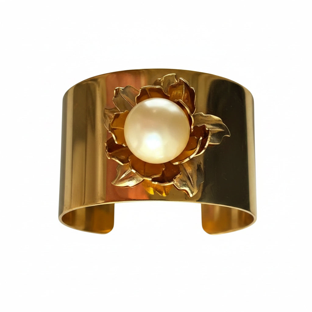 Vintage Italian Custom Pearl Flower Cuff Bracelet