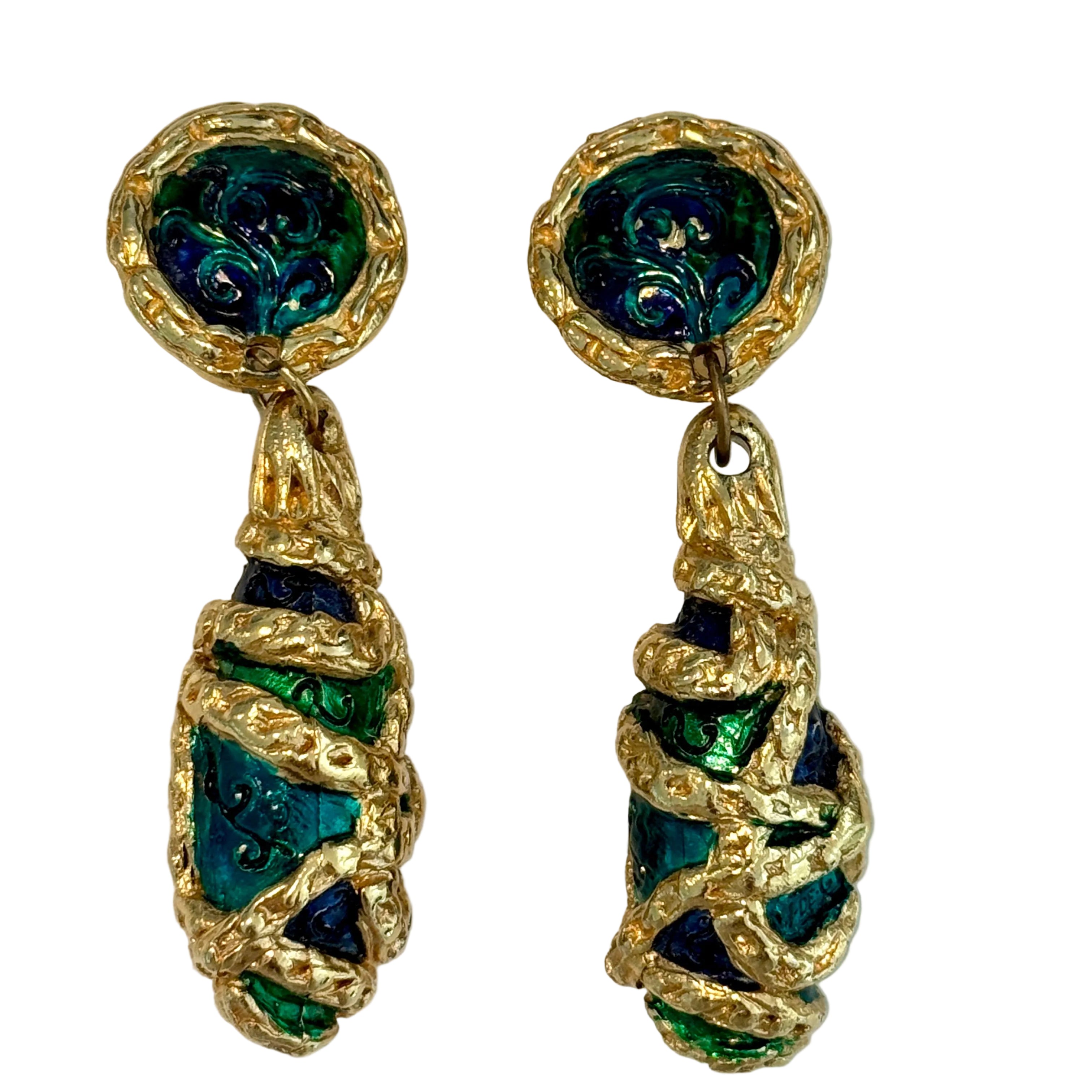 Vintage 80s HUGE French Gilt Blue Painted Resin Earrings