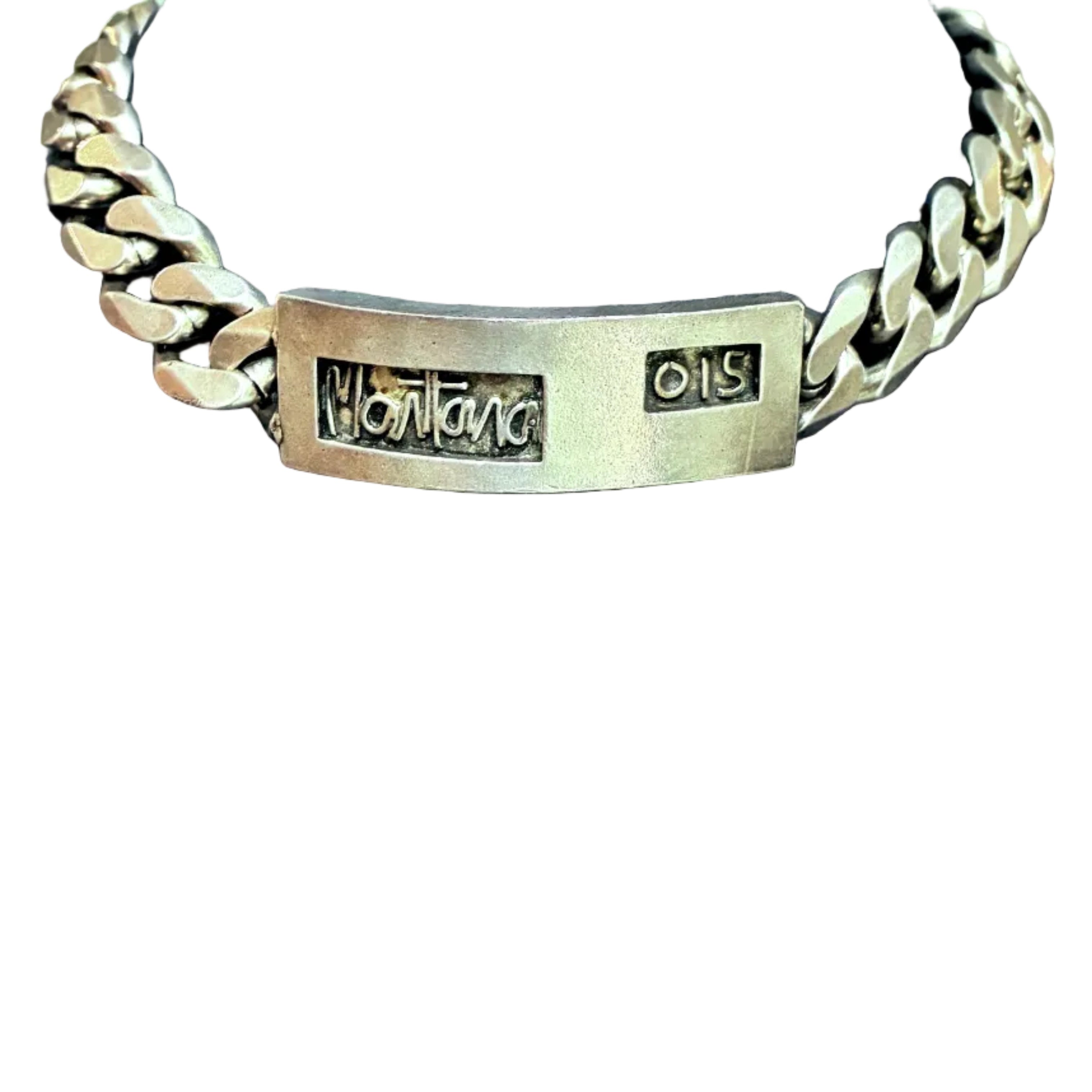 Vintage Designer Runway Premiere Etage for Claude Montana Silver Nameplate Curb Chain Choker