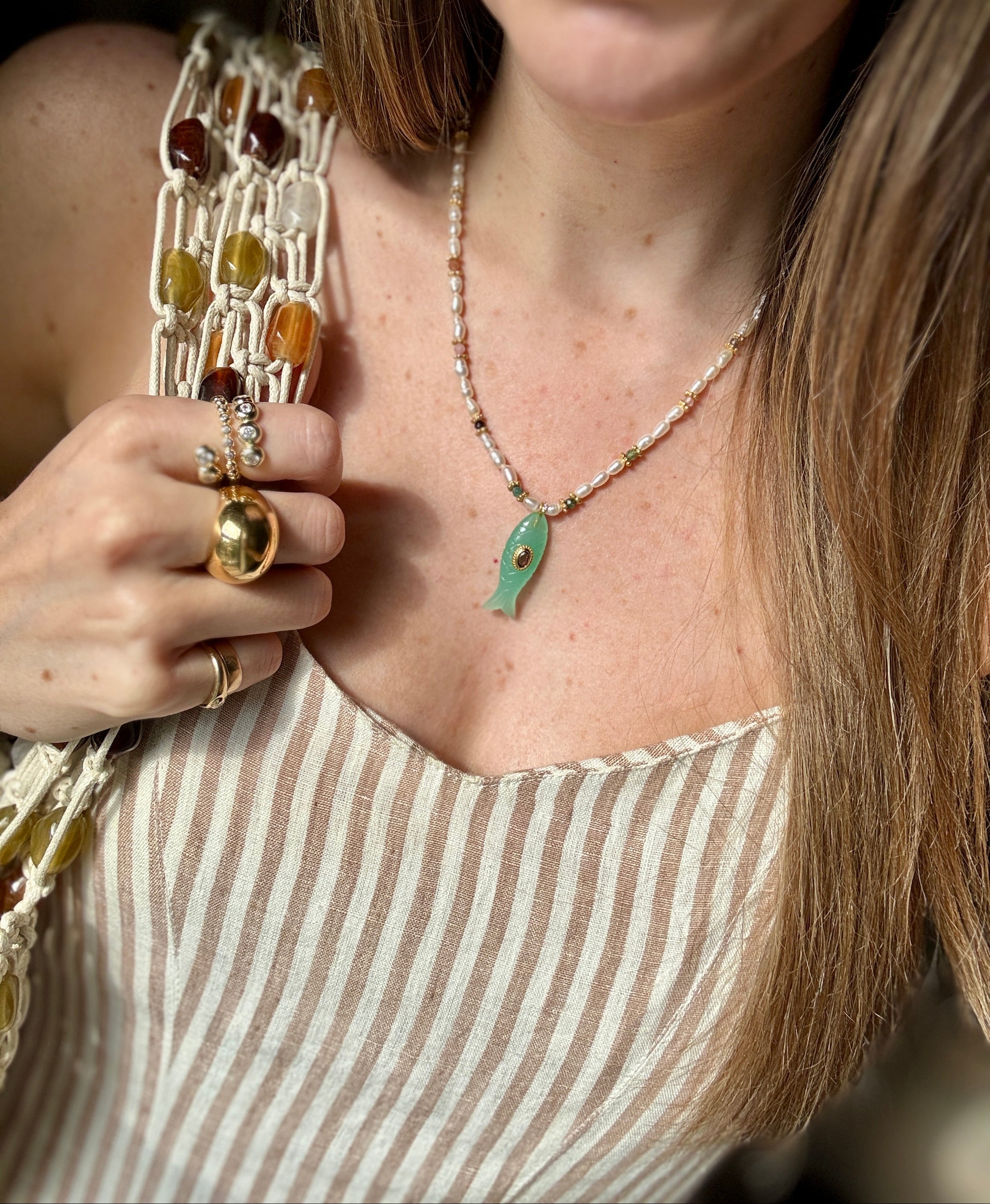 French Pearl & Amazonite Fish Charm Necklace