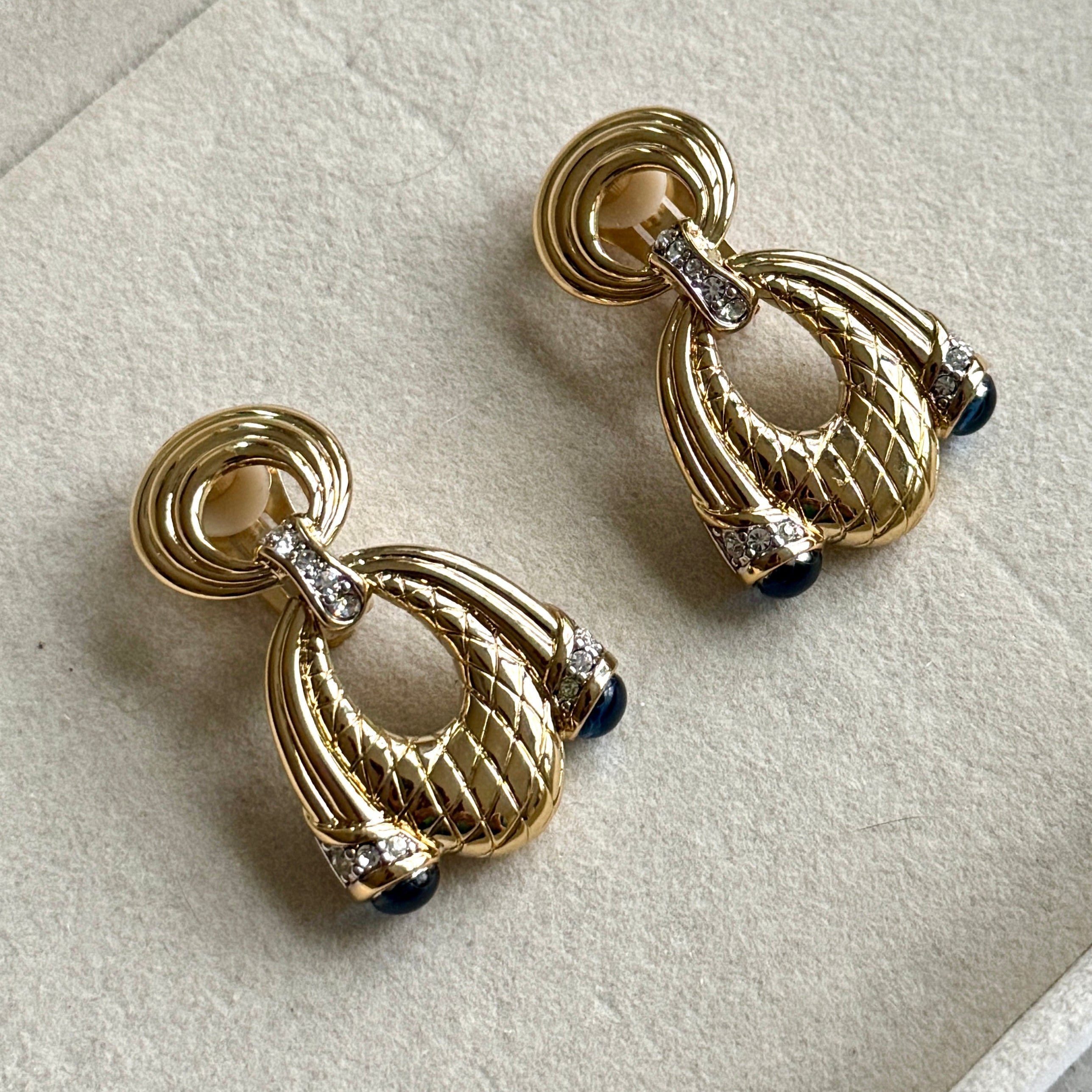 Vintage 90s Quilted Gold and Blue Crystal Earrings