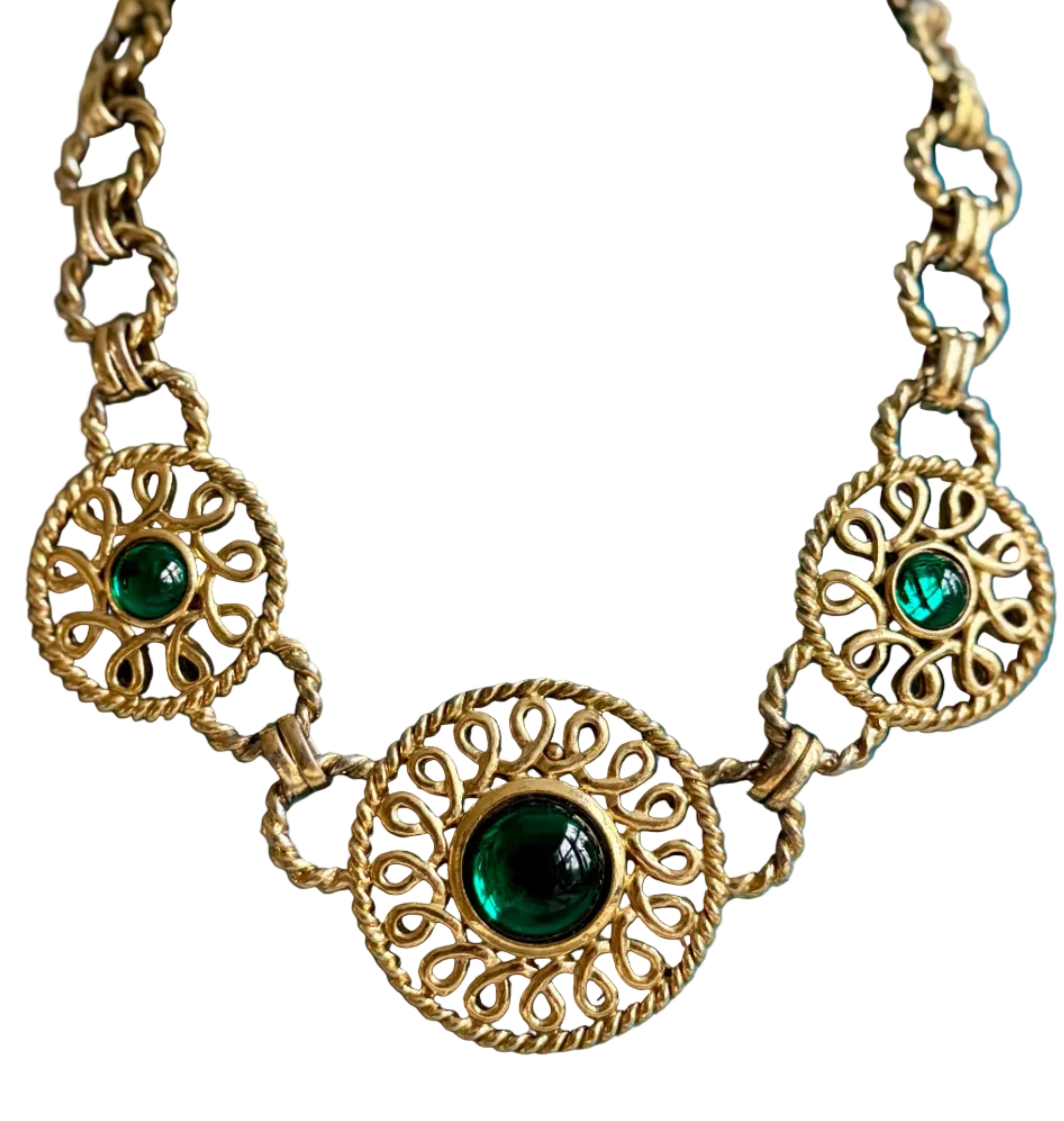 Vintage French Designer Guy Laroche Mogul Green Cabochon Statement Necklace