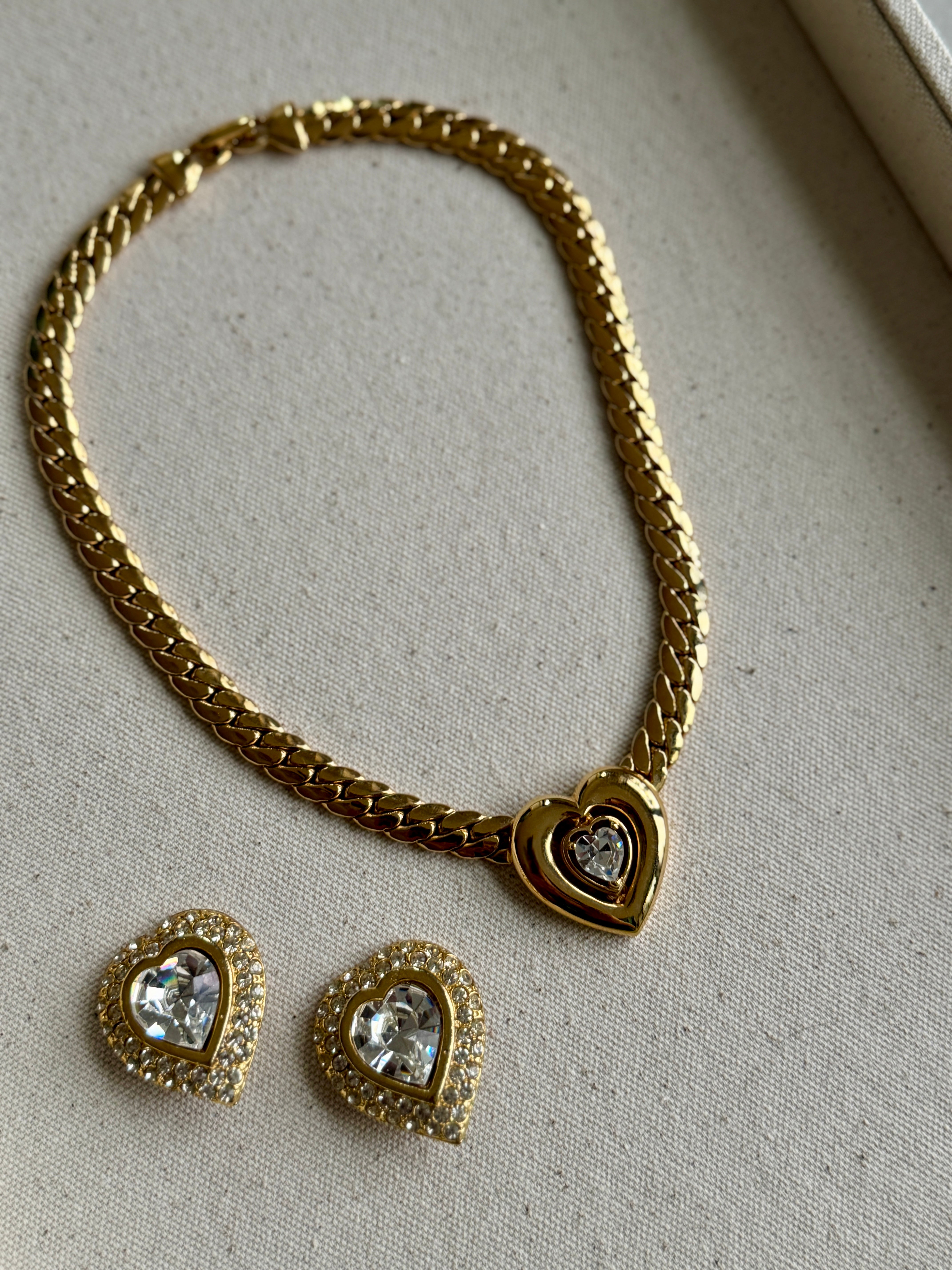 Vintage 80s French Gold Crystal Heart Earrings reserved