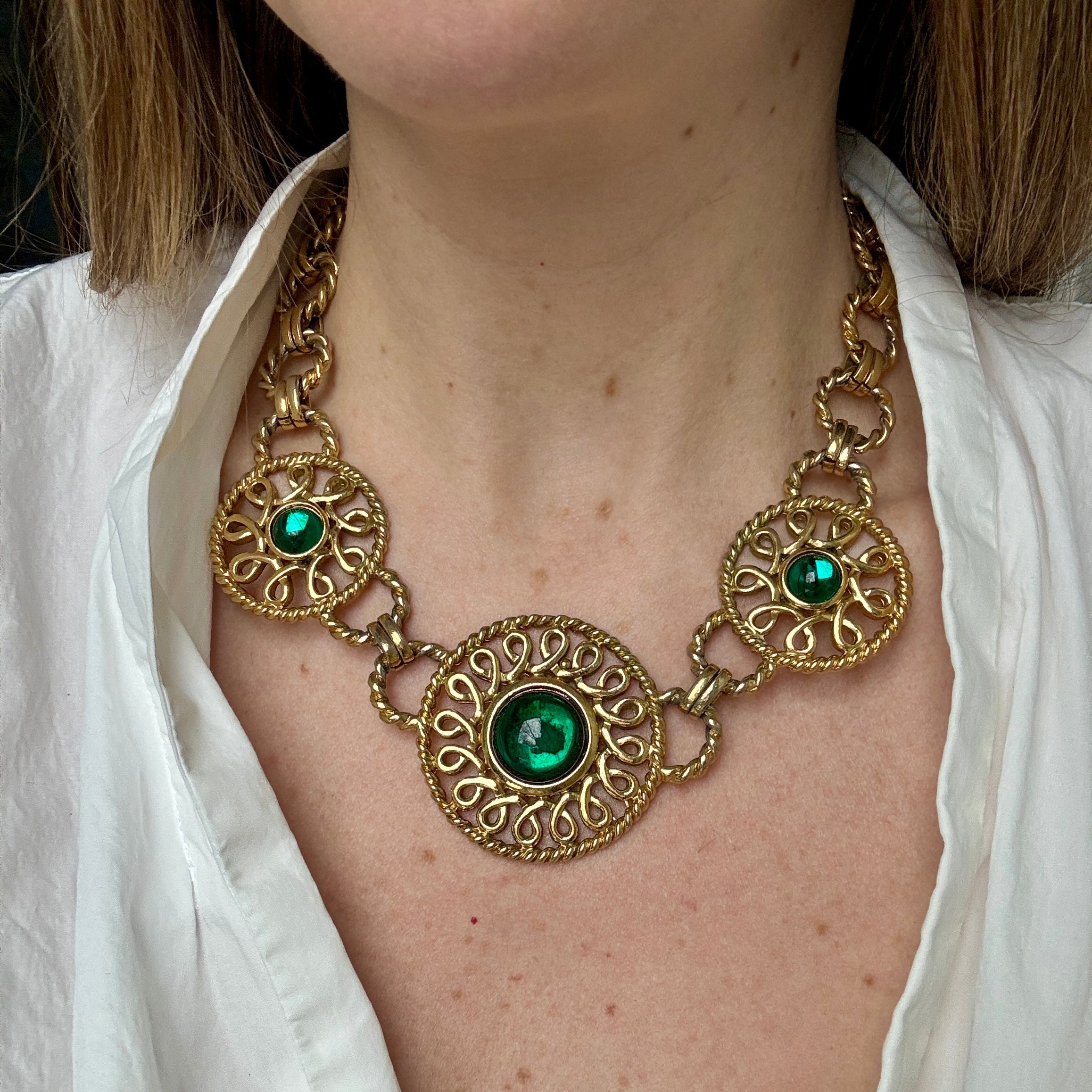 Vintage French Designer Guy Laroche Mogul Green Cabochon Statement Necklace