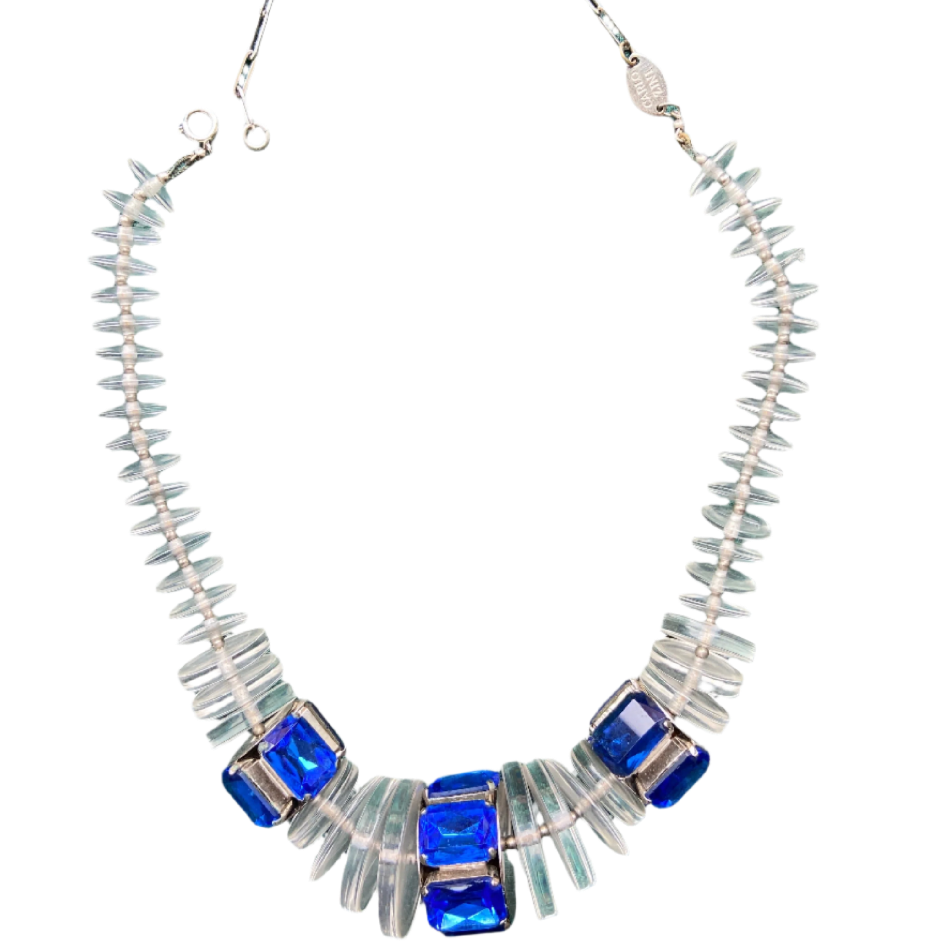 Designer Carlo Zini Lucite Blue Jewel Statement Necklace