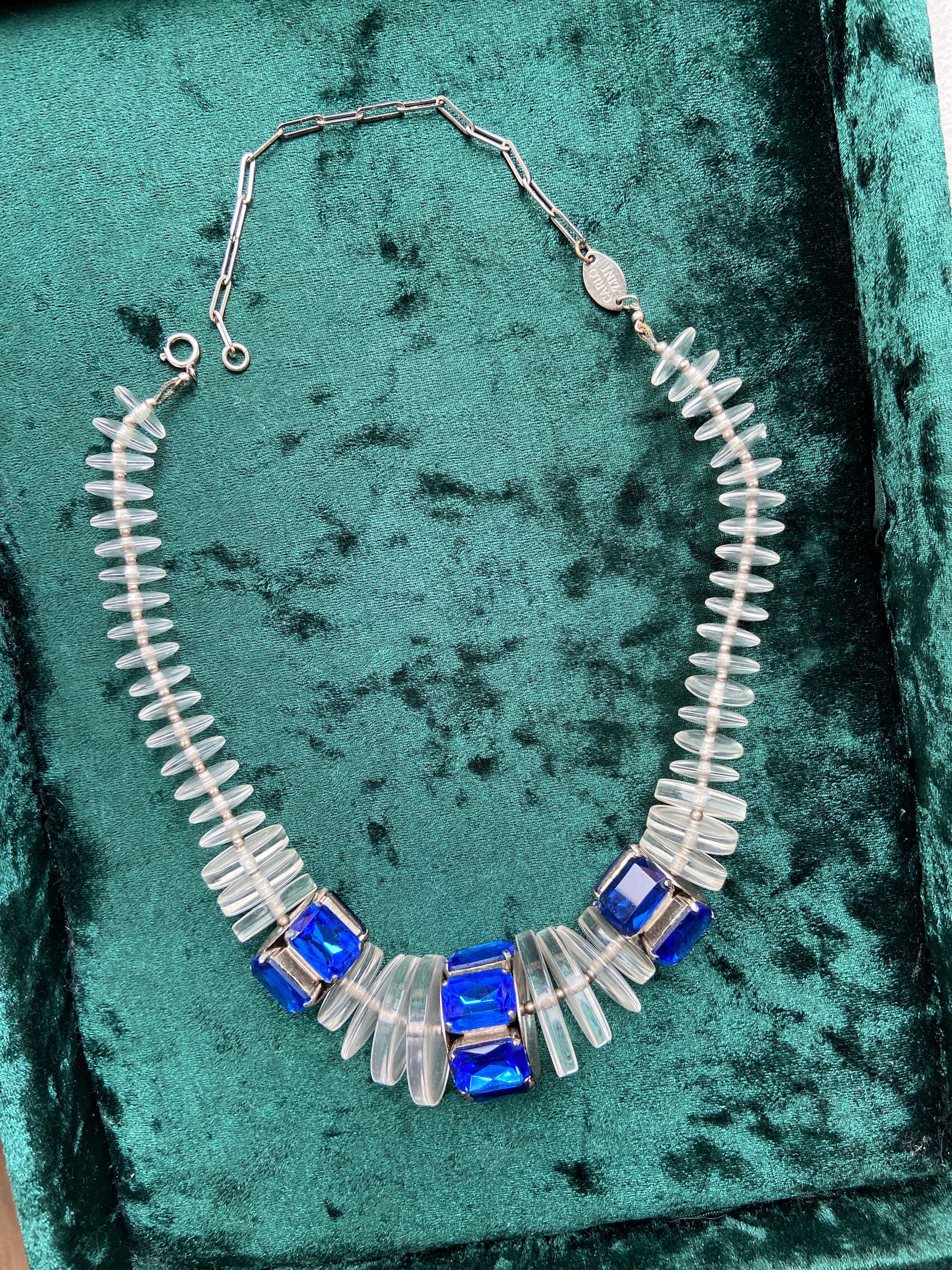 Designer Carlo Zini Lucite Blue Jewel Statement Necklace