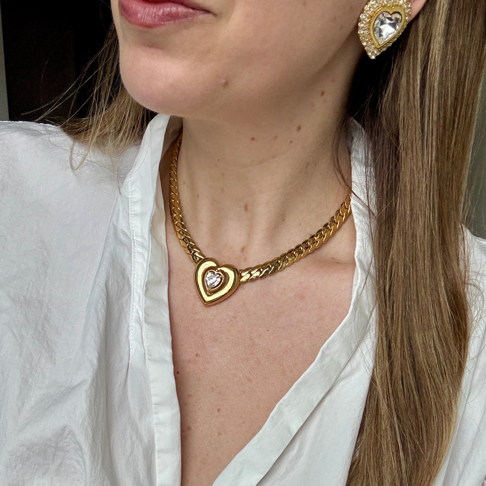 Vintage 80s Gold Heart and Crystal Necklace