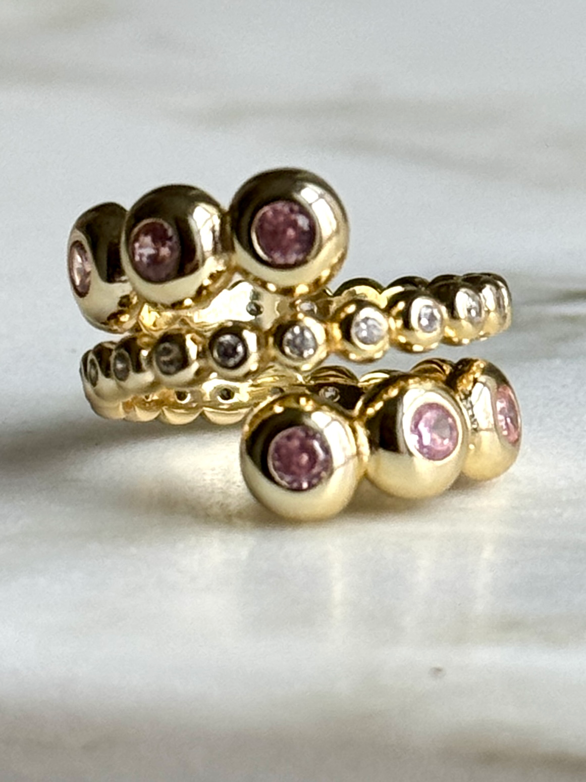 Gilt Sterling Bezel Pink Crystal Ring Sizes 6 7 8