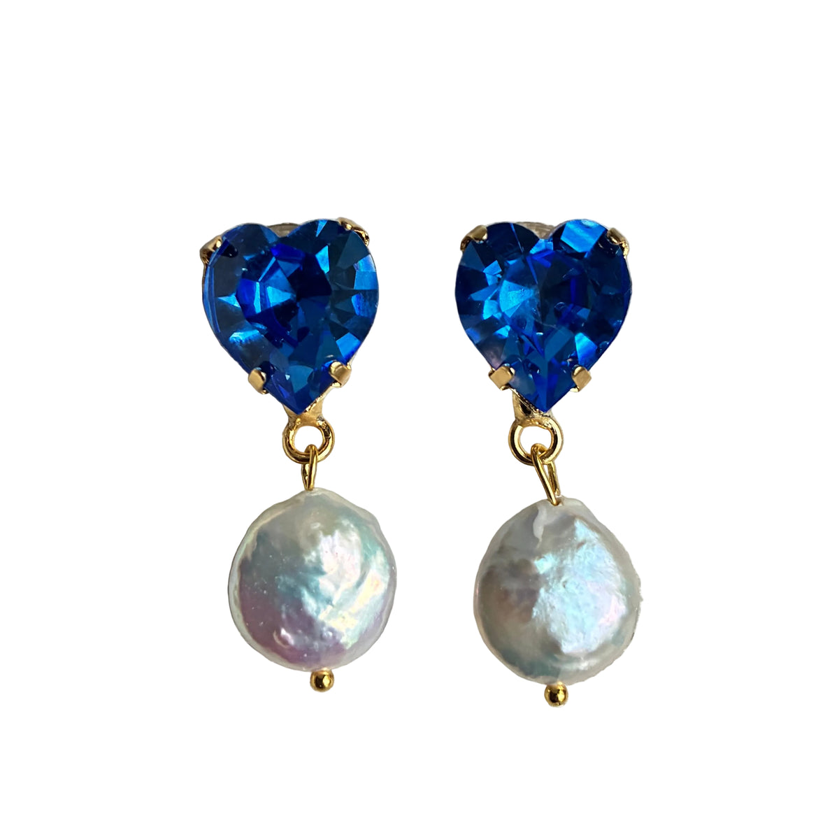 Jillian Blue Crystal Heart Pearl Drop Earrings