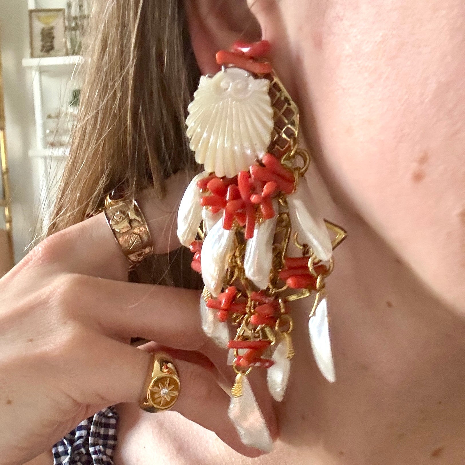Vintage French Mother of Pearl and Coral Chandelier Earrings