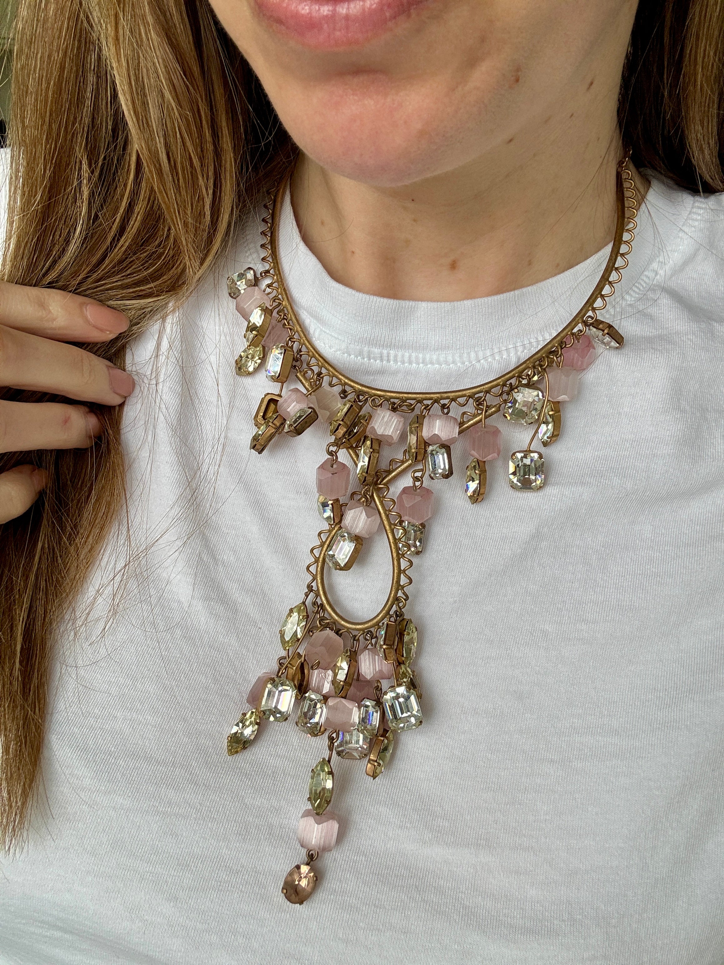 Vintage 40s Pink Glass and Crystal Statement Necklace