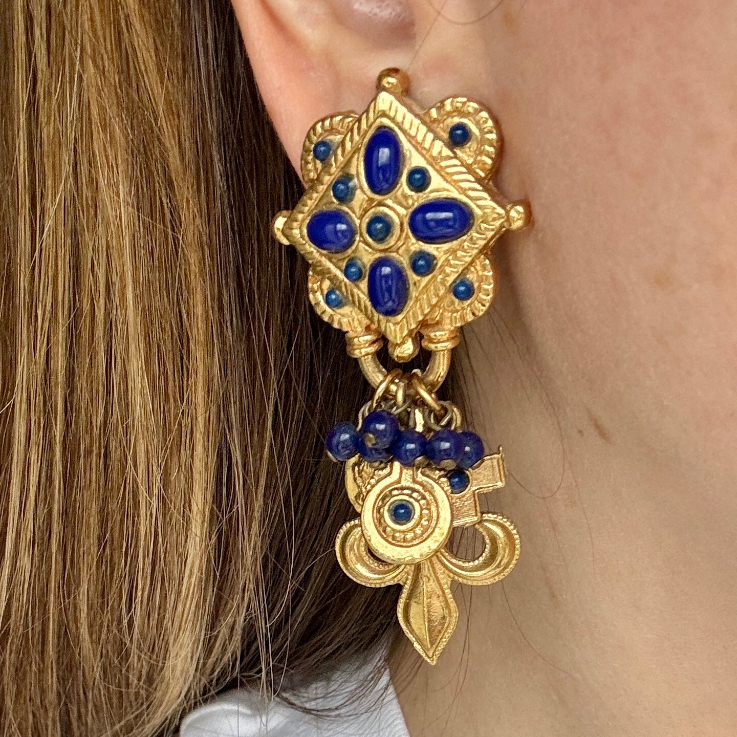 Vintage French Lapis Glass Fleur de Lis Coin Charm Earrings