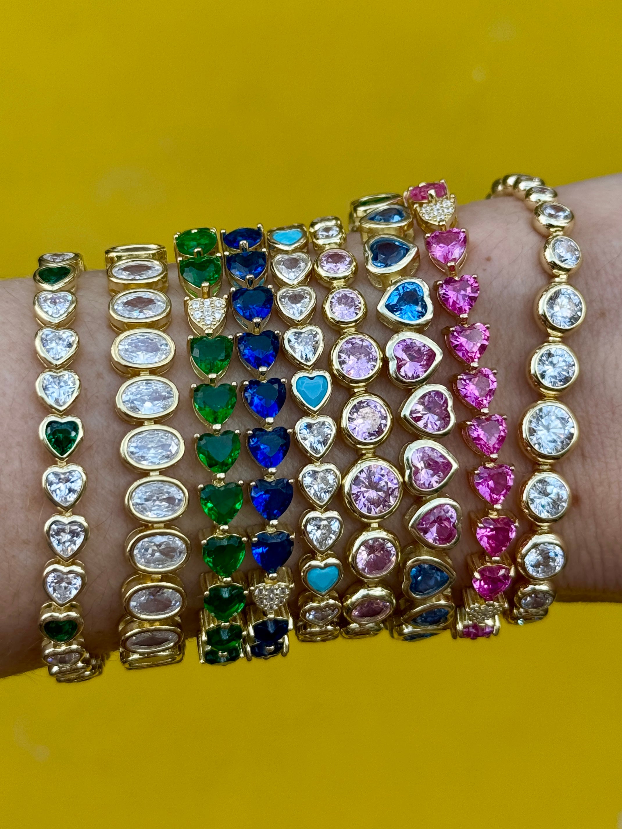 Pink, Blue or Emerald Green Crystal Heart Tennis Bracelet