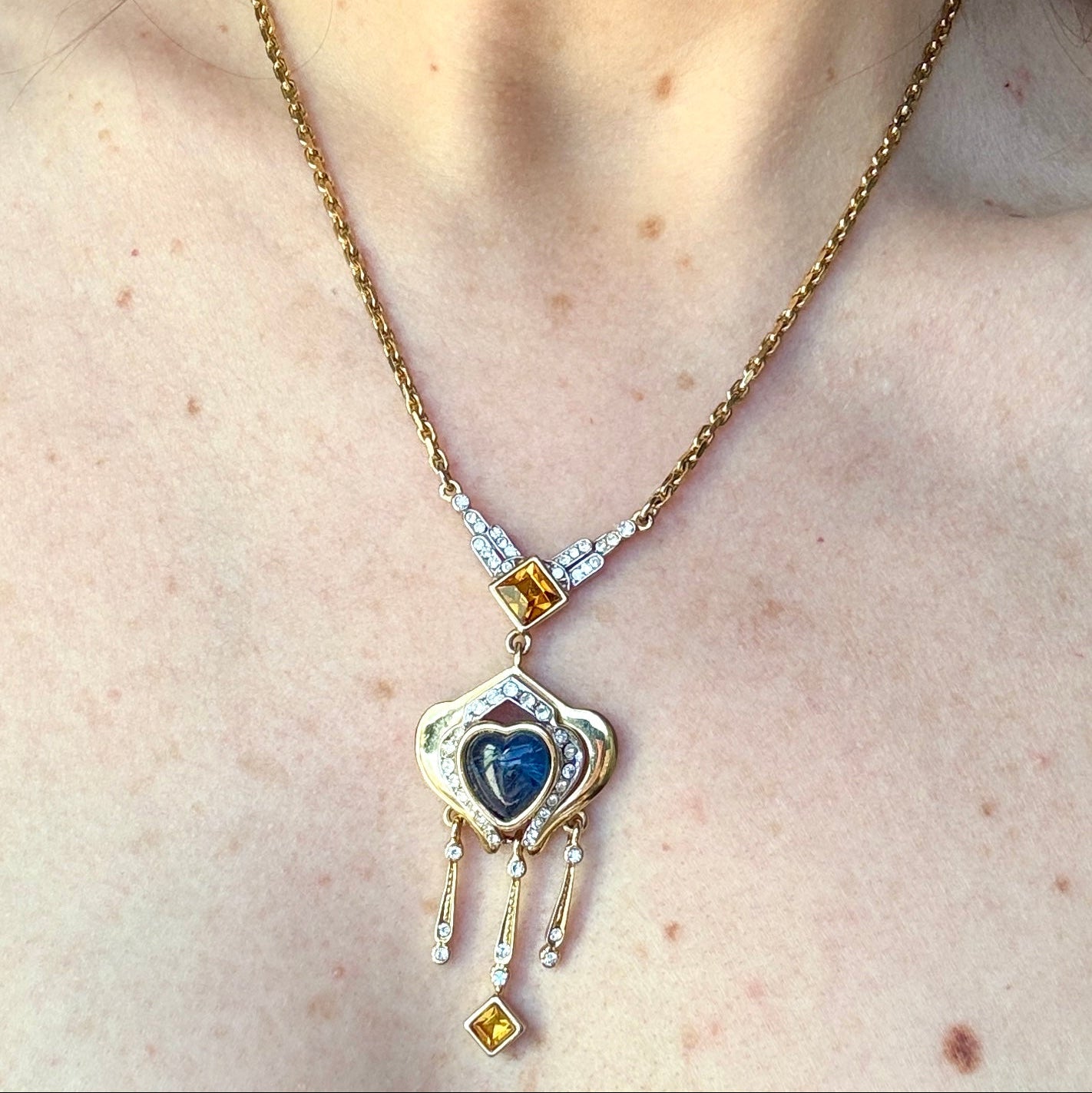 Delicate French Blue Glass Heart Pendant Necklace