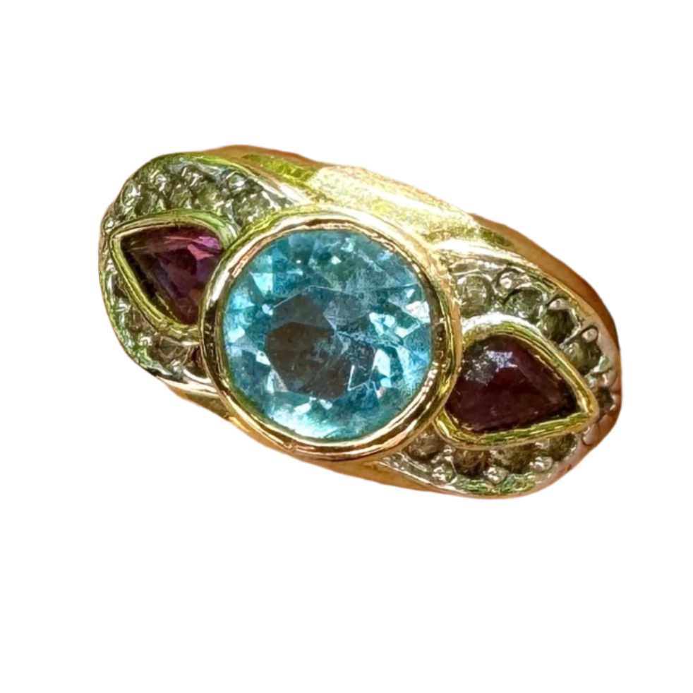 Aqua Blue & Purple Crystal 14K Gold Plate Ring Size 5