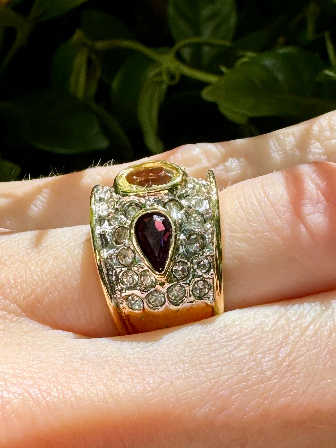 Stunning Citrine and Purple Pave Crystal Gold Cocktail Ring Size 4.5