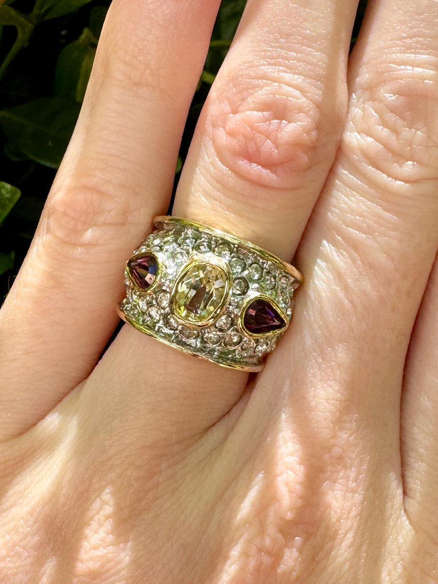 Stunning Citrine and Purple Pave Crystal Gold Cocktail Ring Size 4.5