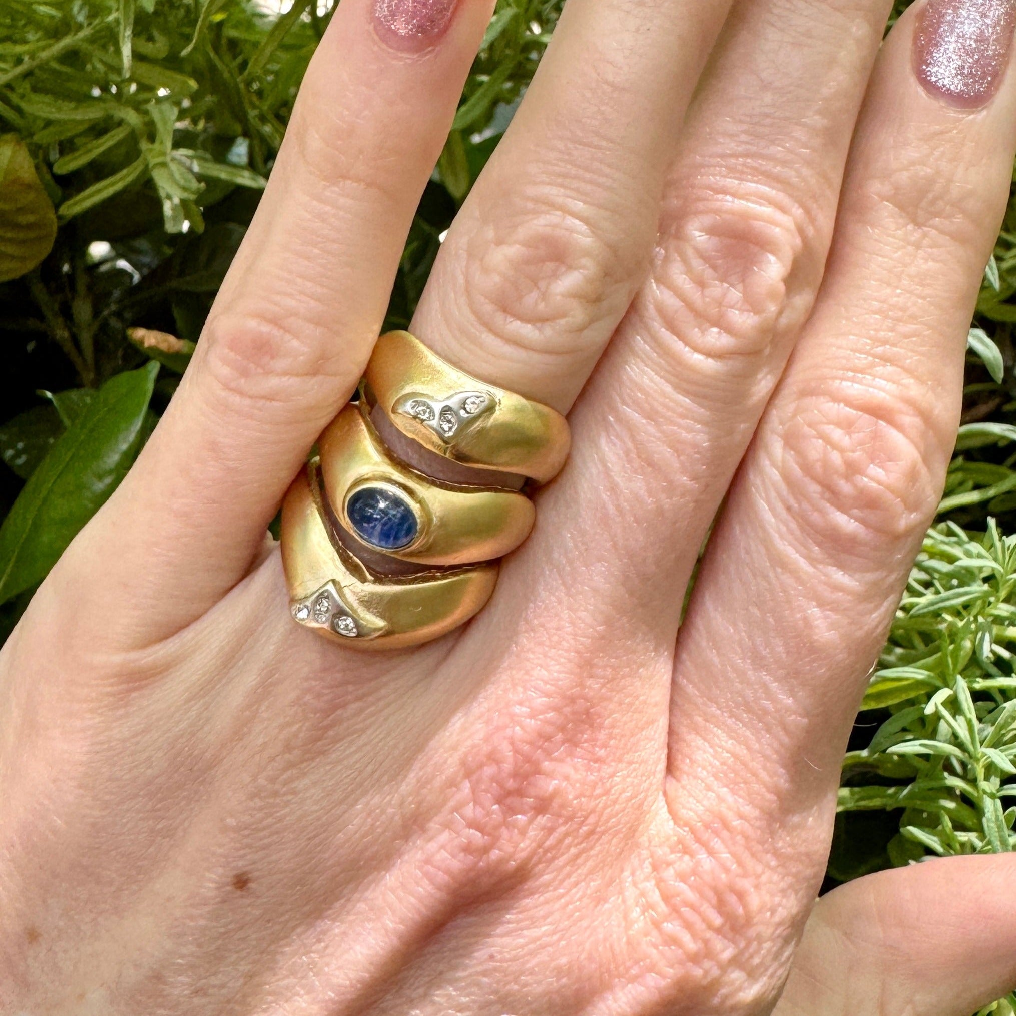 Triple Gold Bands With Blue Glass Cabochon Ring Size 6.5