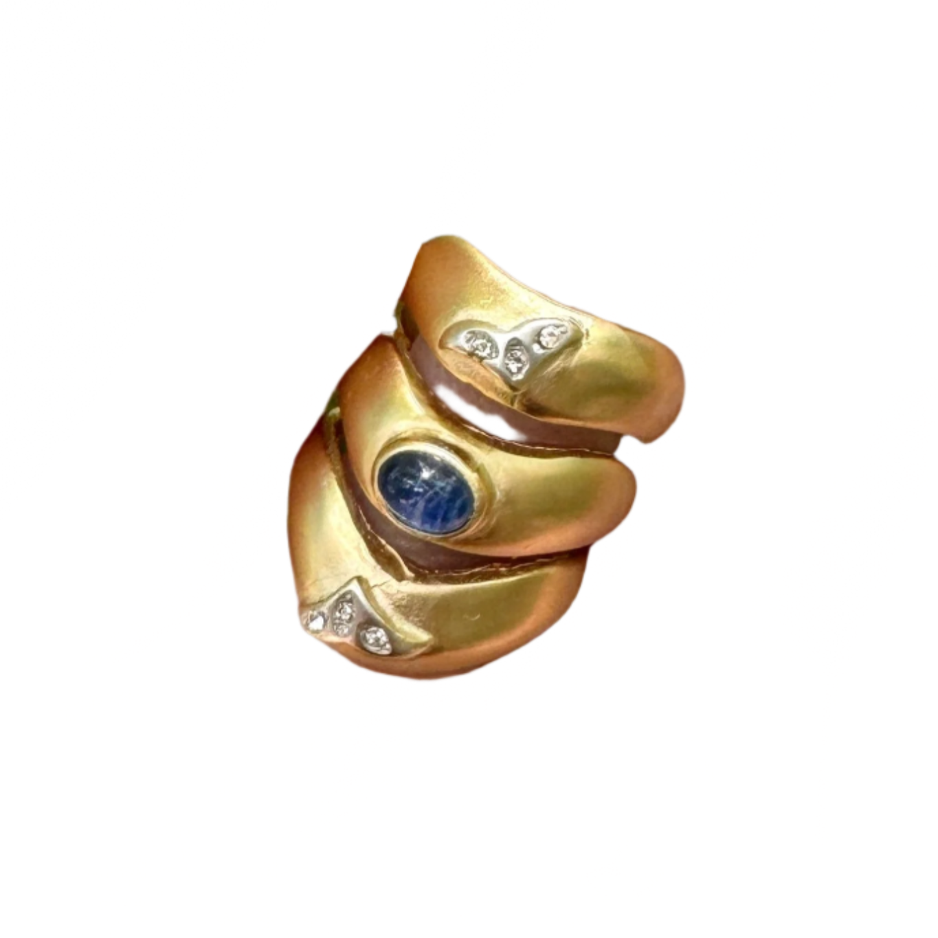 Triple Gold Bands With Blue Glass Cabochon Ring Size 6.5