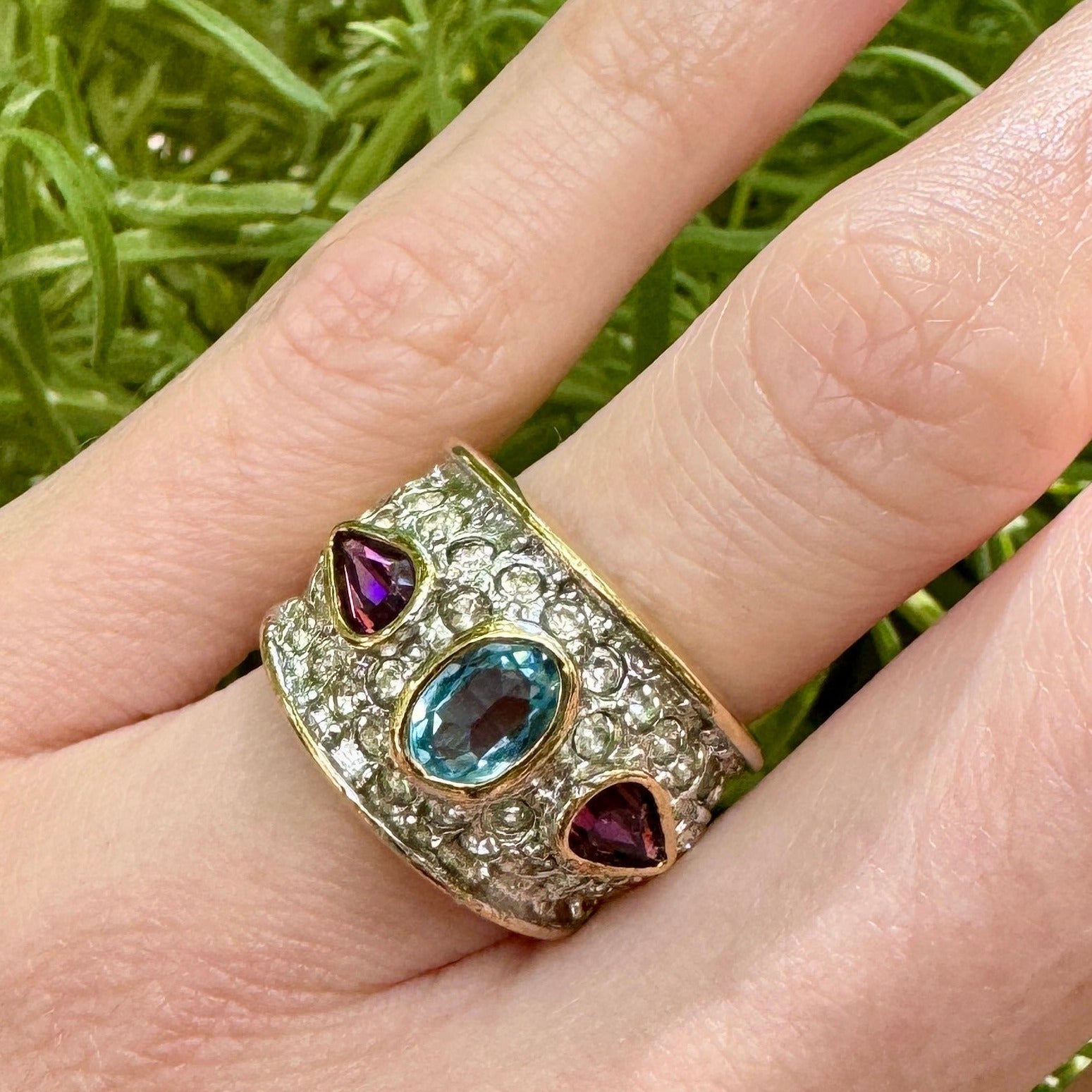 Purple and Aqua Pave Crystal Cocktail Ring Size 6