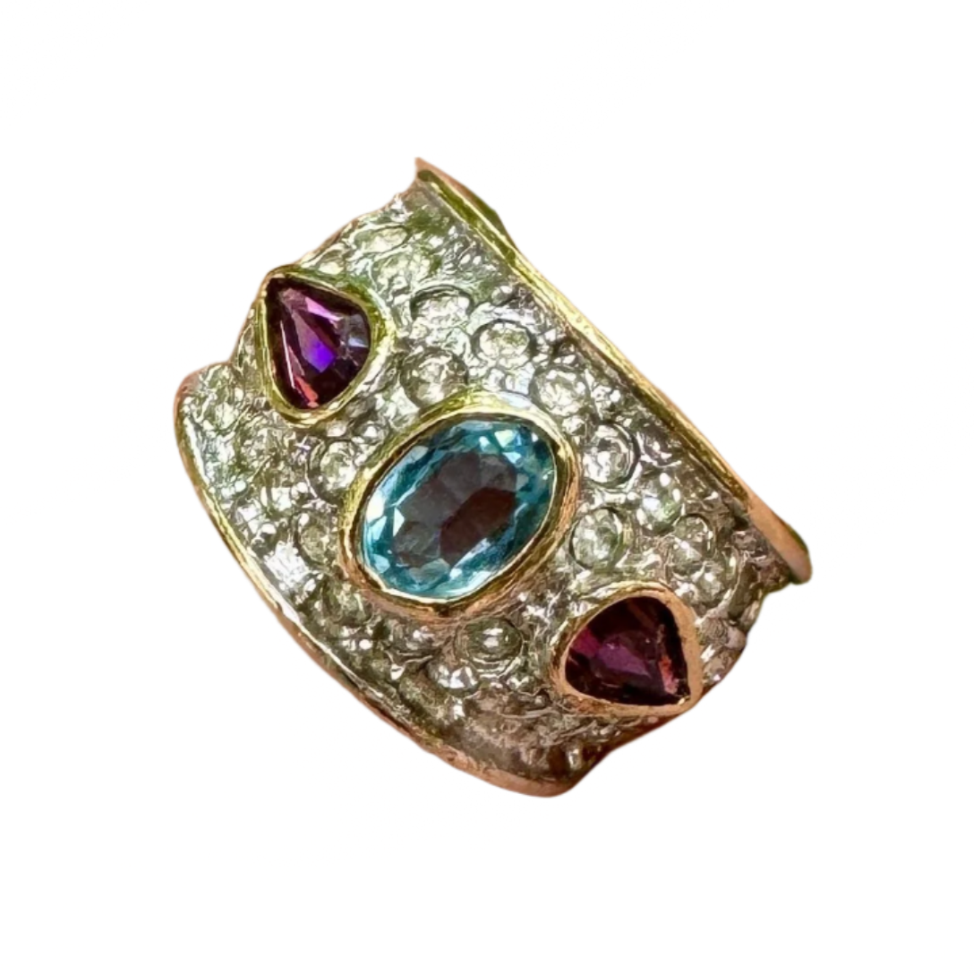 Purple and Aqua Pave Crystal Cocktail Ring Size 6