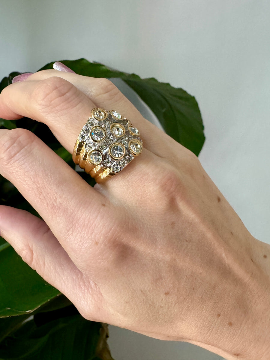 Huge Glittering Crystal Gold Statement Ring Size 8