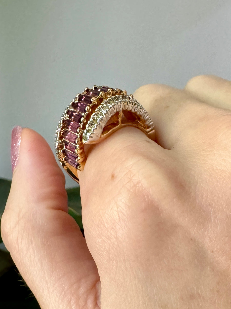 Light Purple Crystal Baguette Wave 18K Gold Plate Ring Size 5 & 8