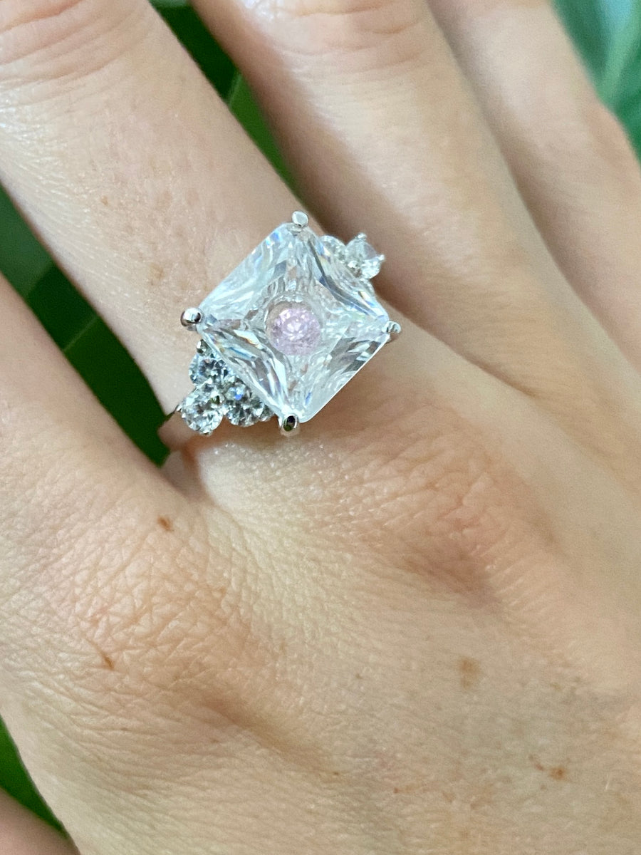 90s Sterling Silver Floating Pink Crystal Ring