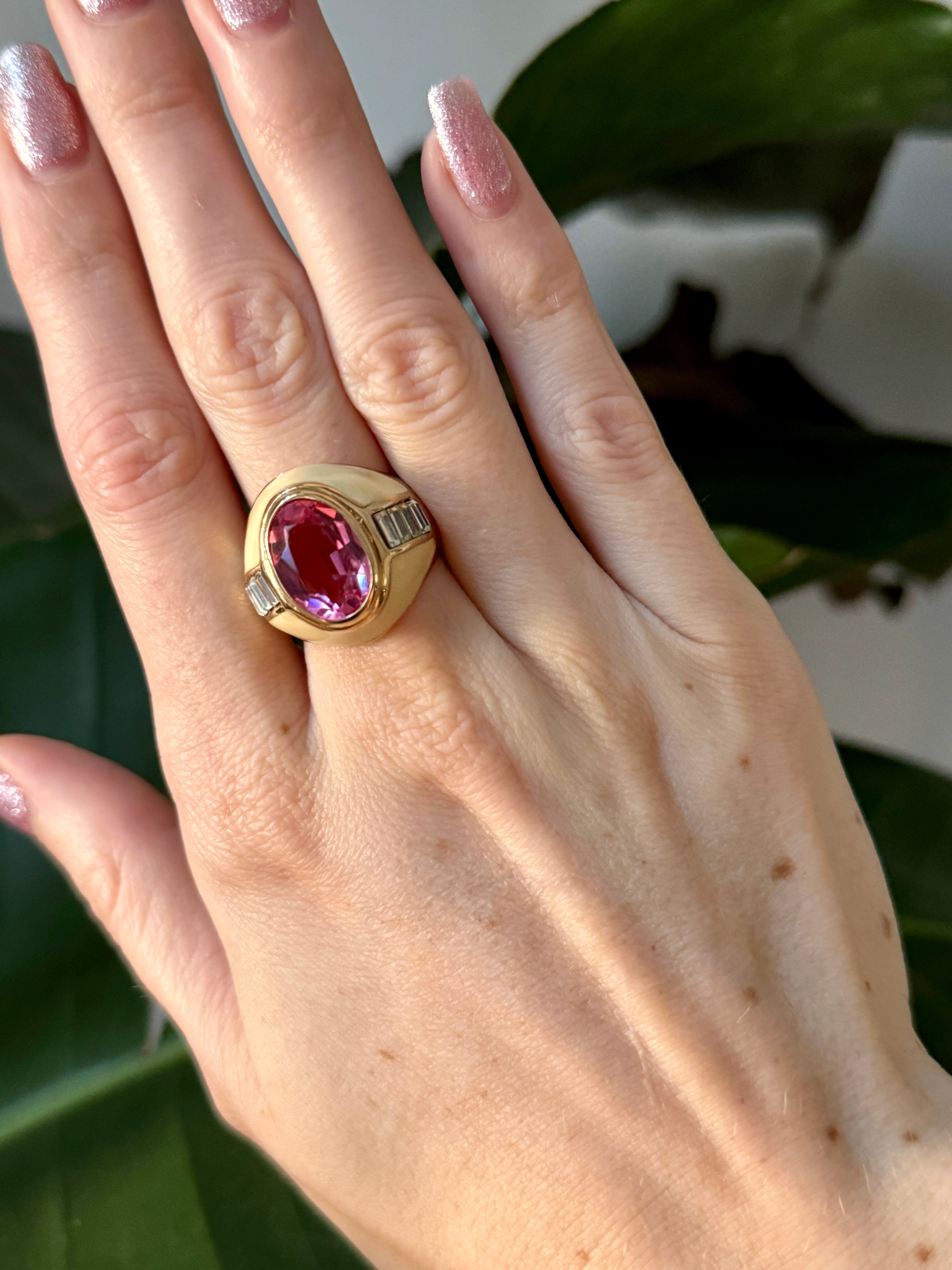 Cream Enamel Pink Crystal Cocktail Ring Size 5