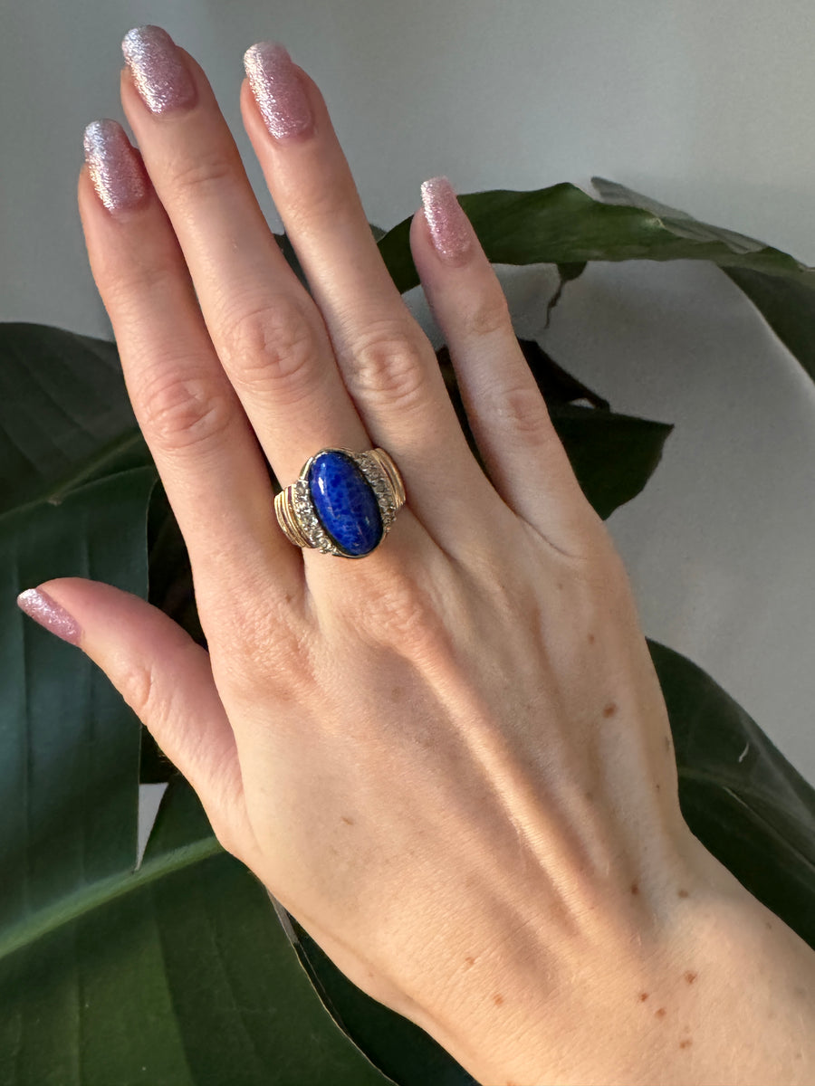 18K Gold Plate Lapis Glass Gold Ring Size 7.5